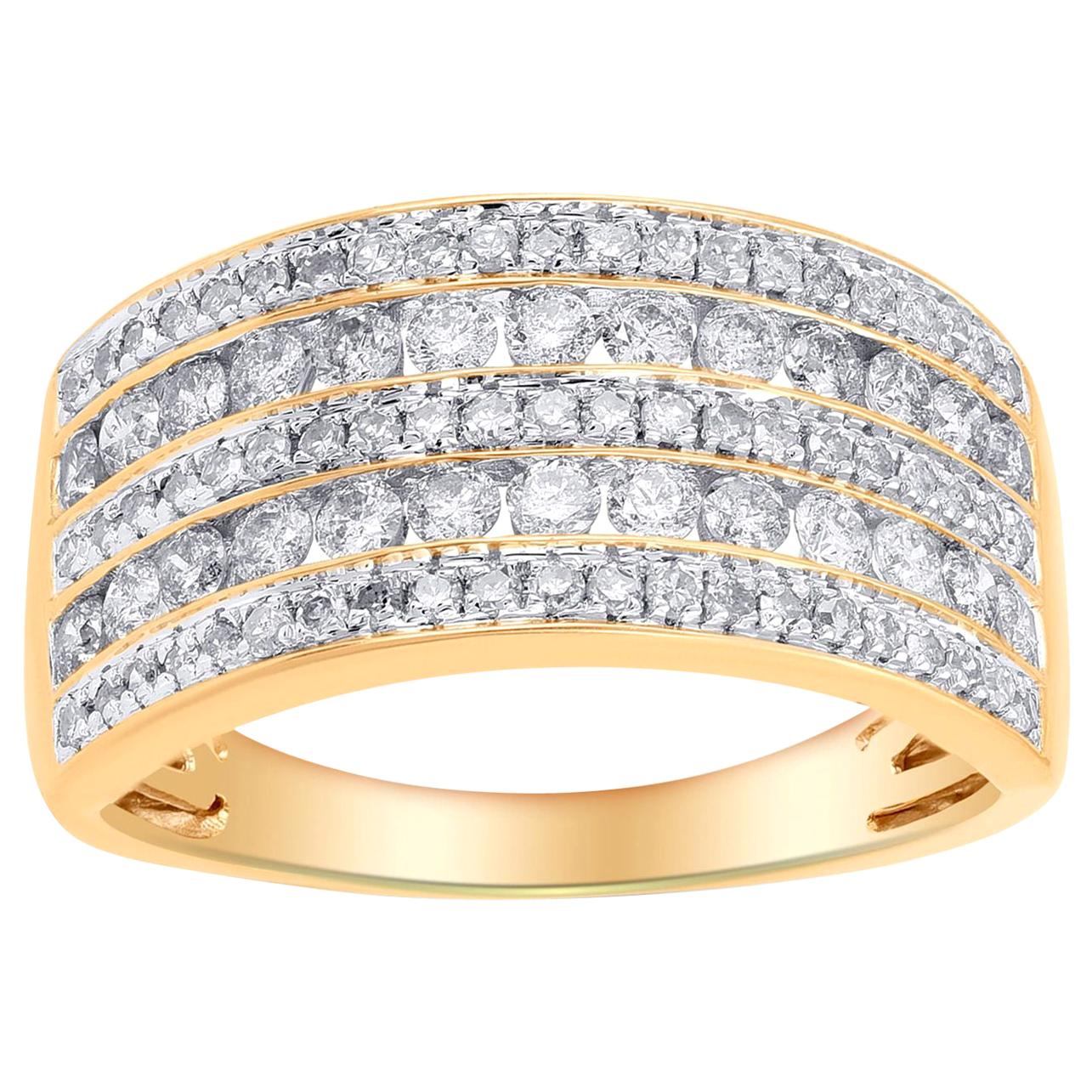 TJD 1.00 Carat Diamond 10 Karat Yellow Gold Five Row Anniversary/Wedding Ring For Sale