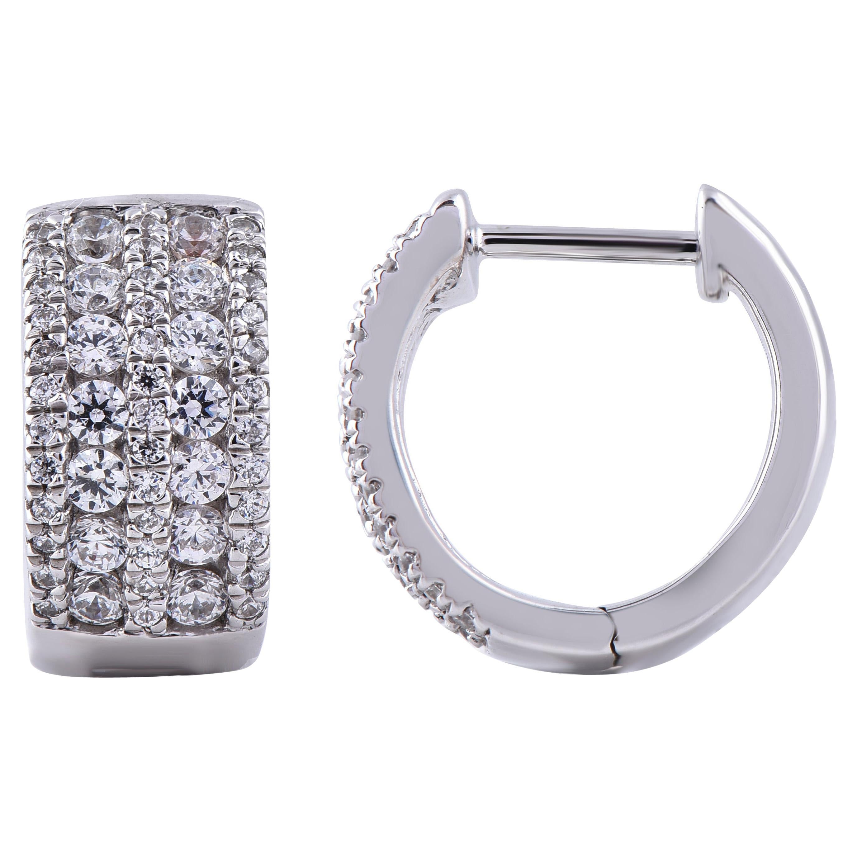 TJD 1.00 Carat 14 Karat White Gold Round Diamond Designer Huggie Hoop Earrings