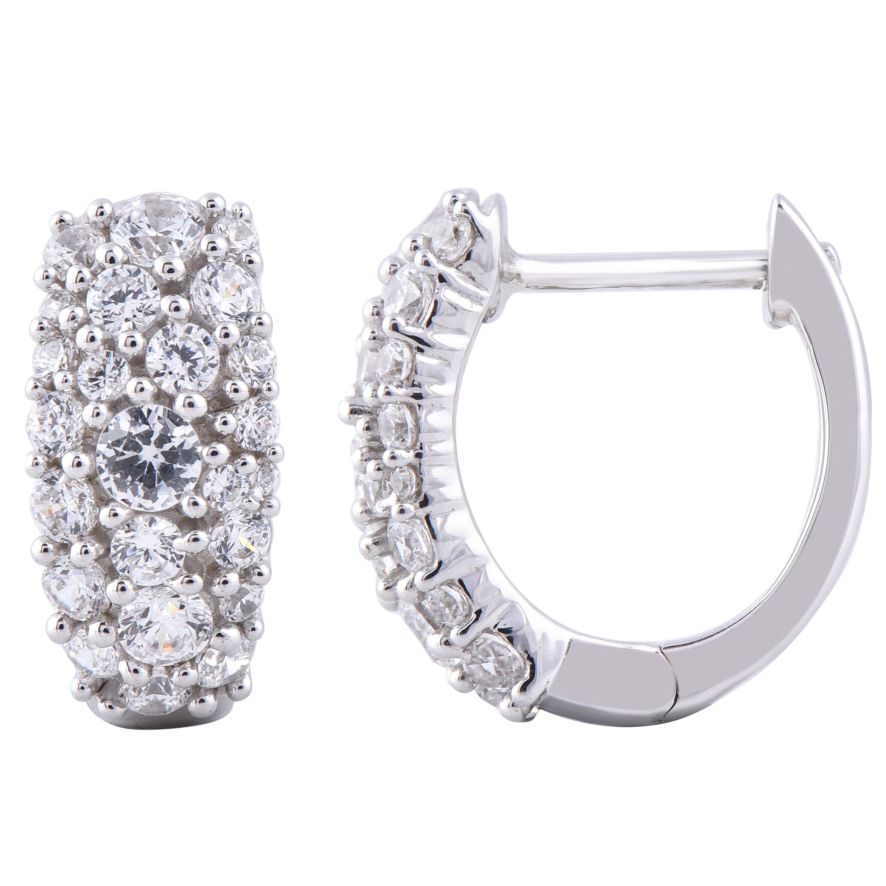 TJD 1.00 Carat 14 Karat White Gold Scattered Diamond Huggie Hoop Earrings For Sale