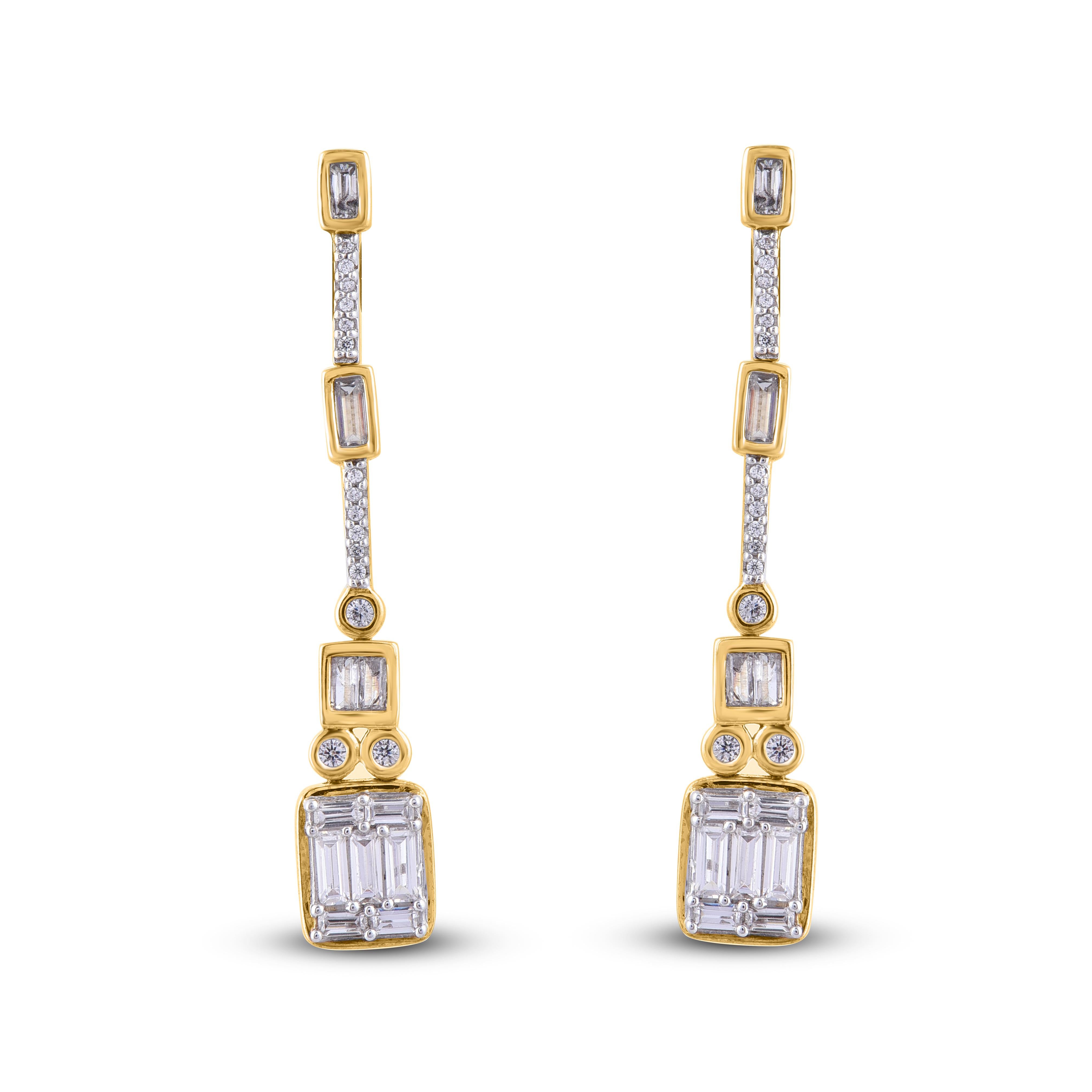 Modern and mesmerizing and an eye catchy look for any occasion. these diamond drop earrings are Embedded with 30 round and 22 baguette cut diamonds set in prong and Bezel setting and dazzles in H-I color I2 clarity. Crafted by our inhouse experts in