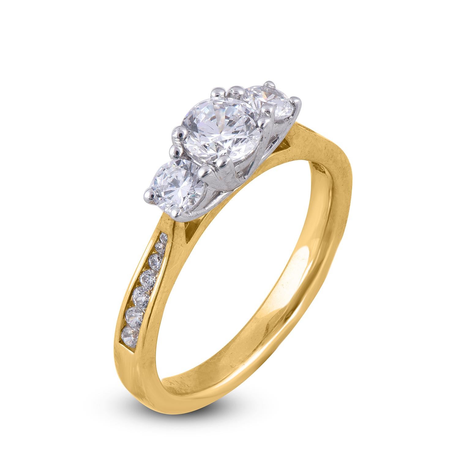 This elegant diamond ring shines bright with 3 center stone and handcrafted in 18 karat Yellow gold. it features 17 diamonds 0.50ct of centre stone and each side diamond is 0.19 ct and remaining diamond on shank lined secured in prong and channel