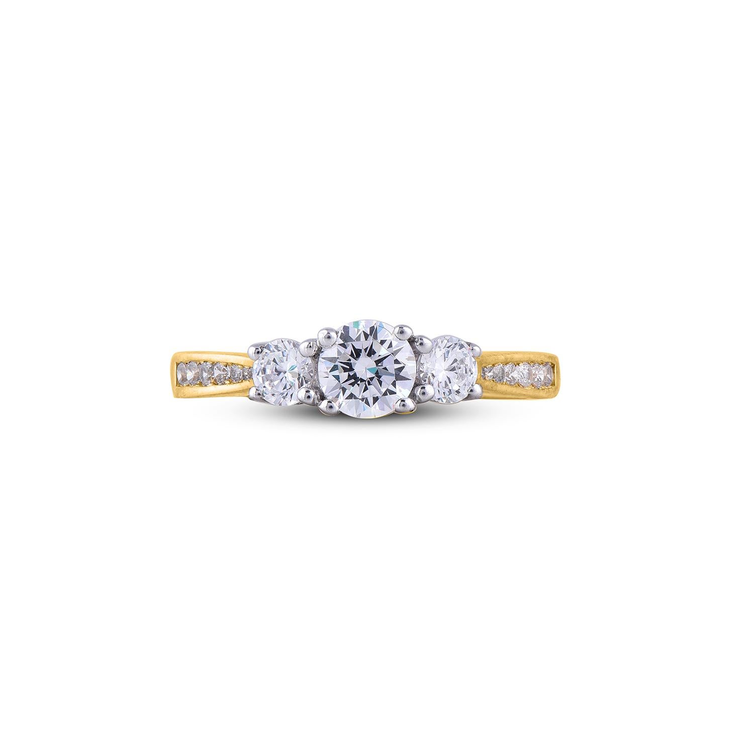 TJD 1,00 Karat 18 Karat Gelbgold Diamant Klassischer Verlobungsring mit 3 Steinen (Rundschliff) im Angebot