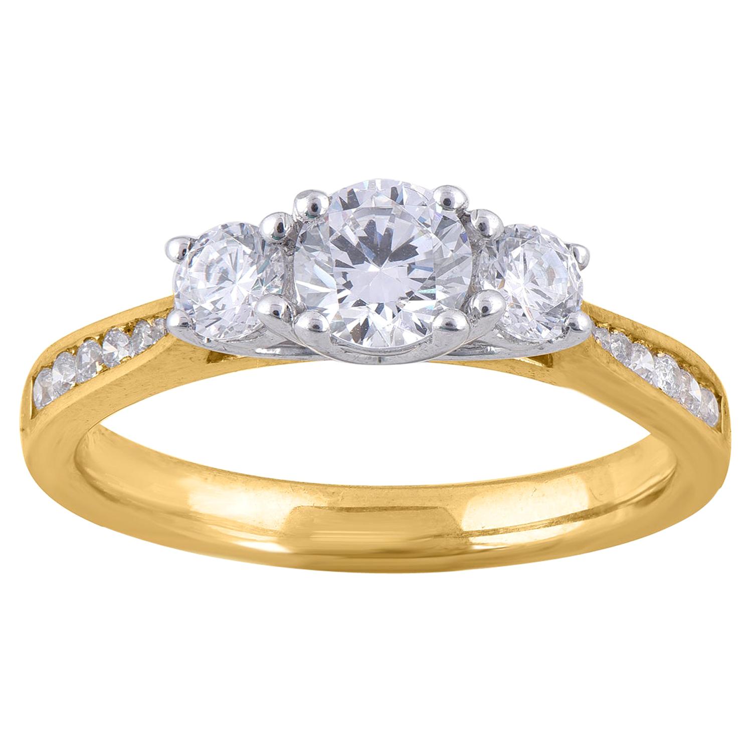 TJD 1.00 Carat 18 Karat Yellow Gold Diamond Classic 3 Stone Engagement Ring For Sale