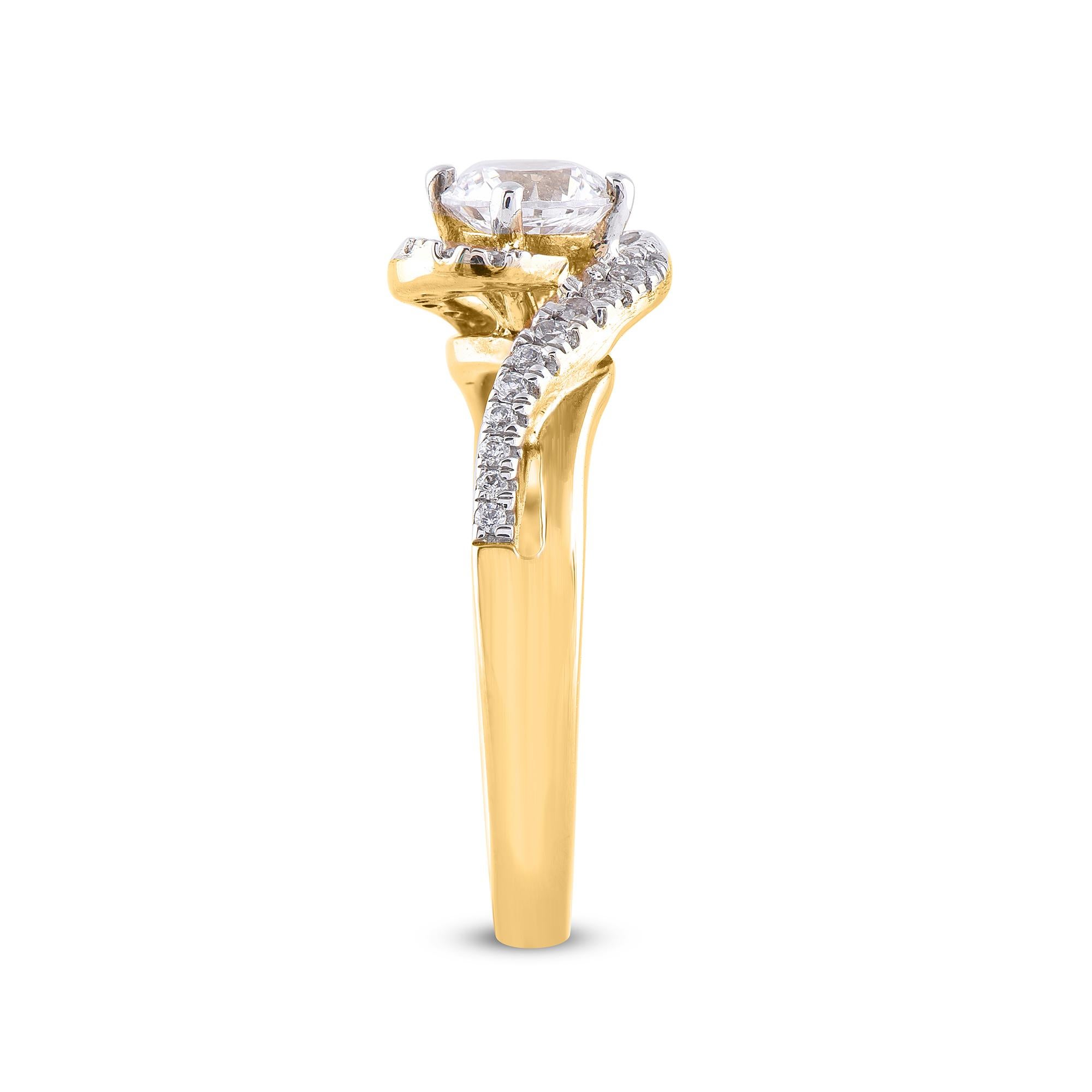 Round Cut TJD 1.00 Carat 18 Karat Yellow Gold Round Diamond Classic Waves Engagement Ring For Sale
