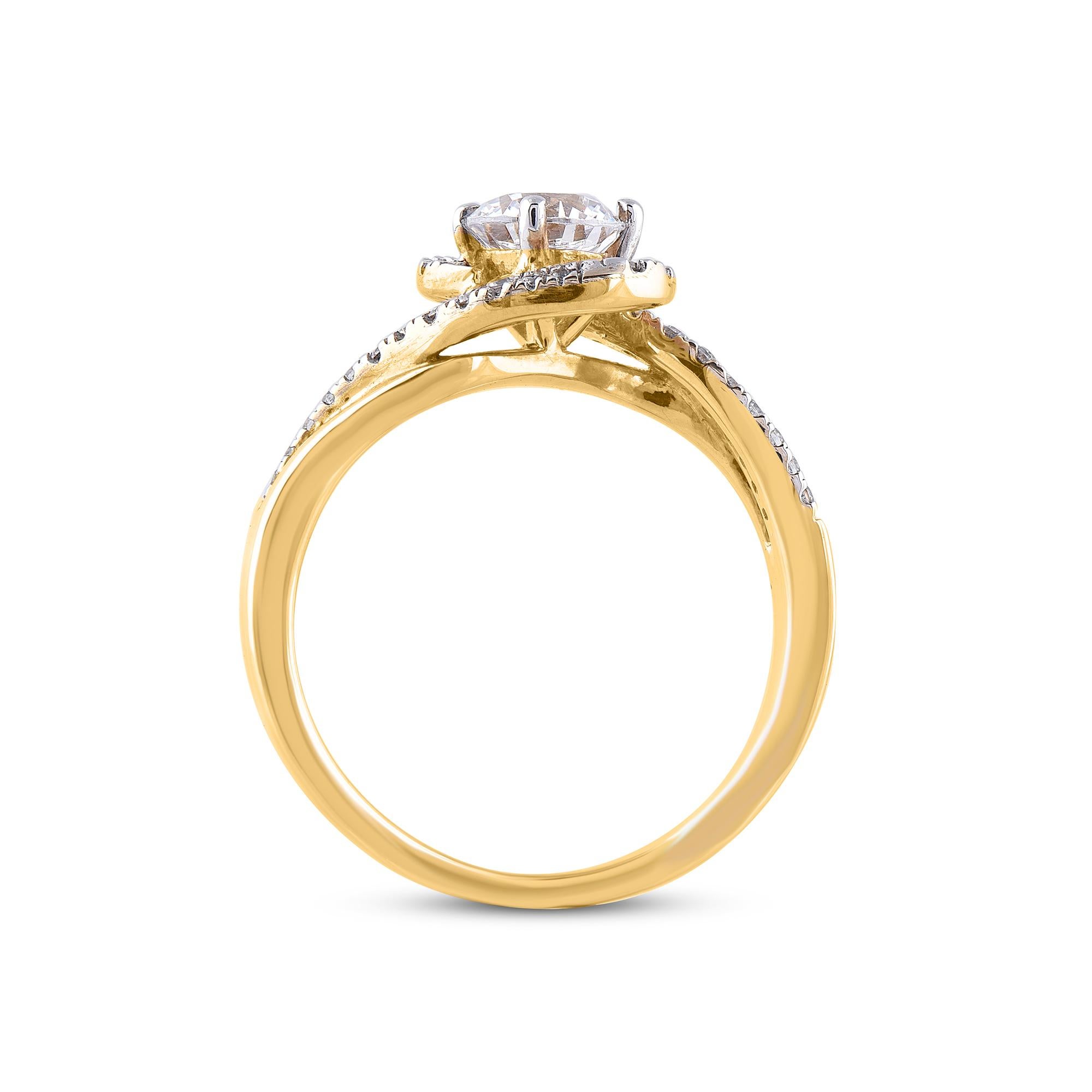 TJD 1.00 Carat 18 Karat Yellow Gold Round Diamond Classic Waves Engagement Ring In New Condition For Sale In New York, NY