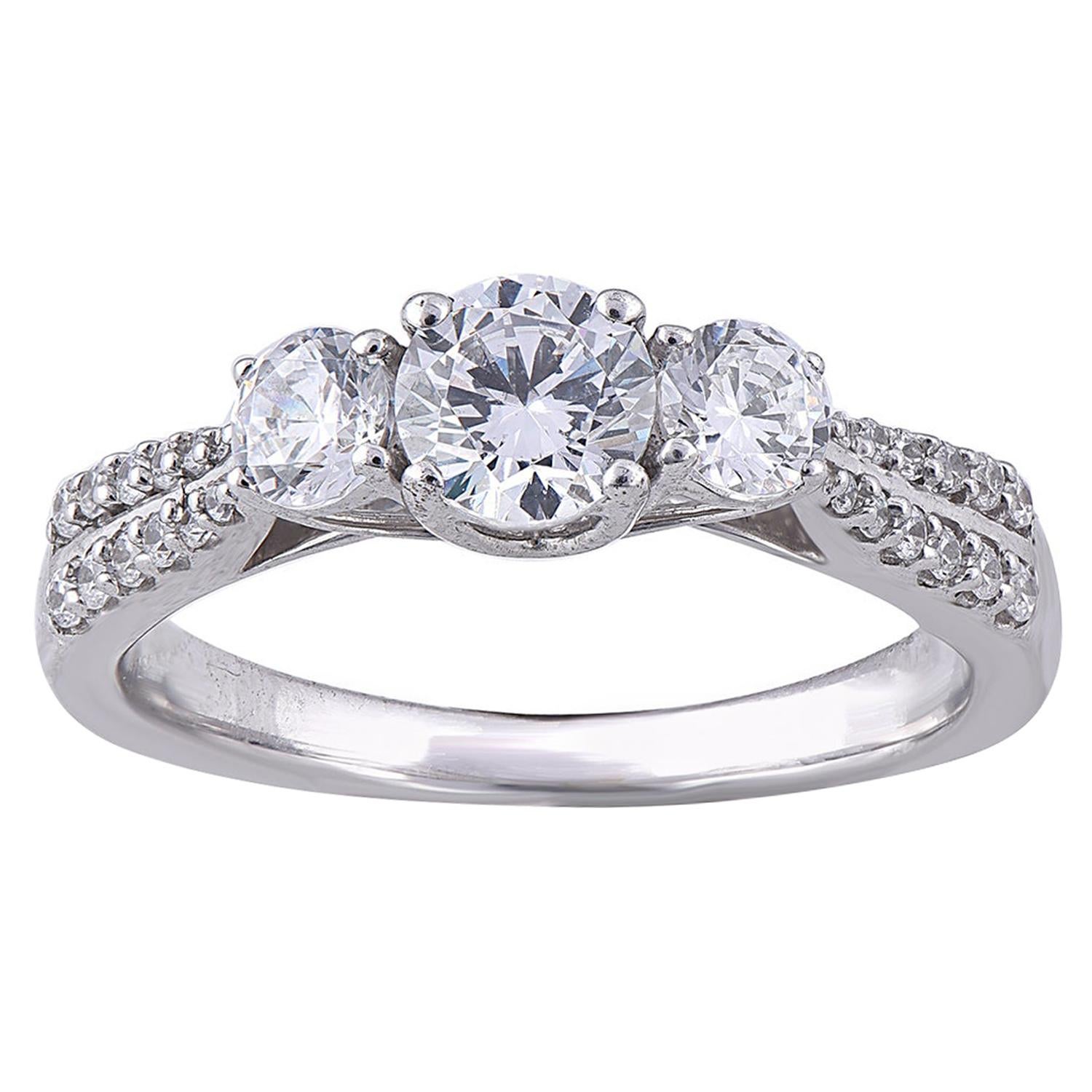 TJD 1.00 Carat 3 Stone Dimaond 18 Karat White Gold Engagement Bridal Ring
