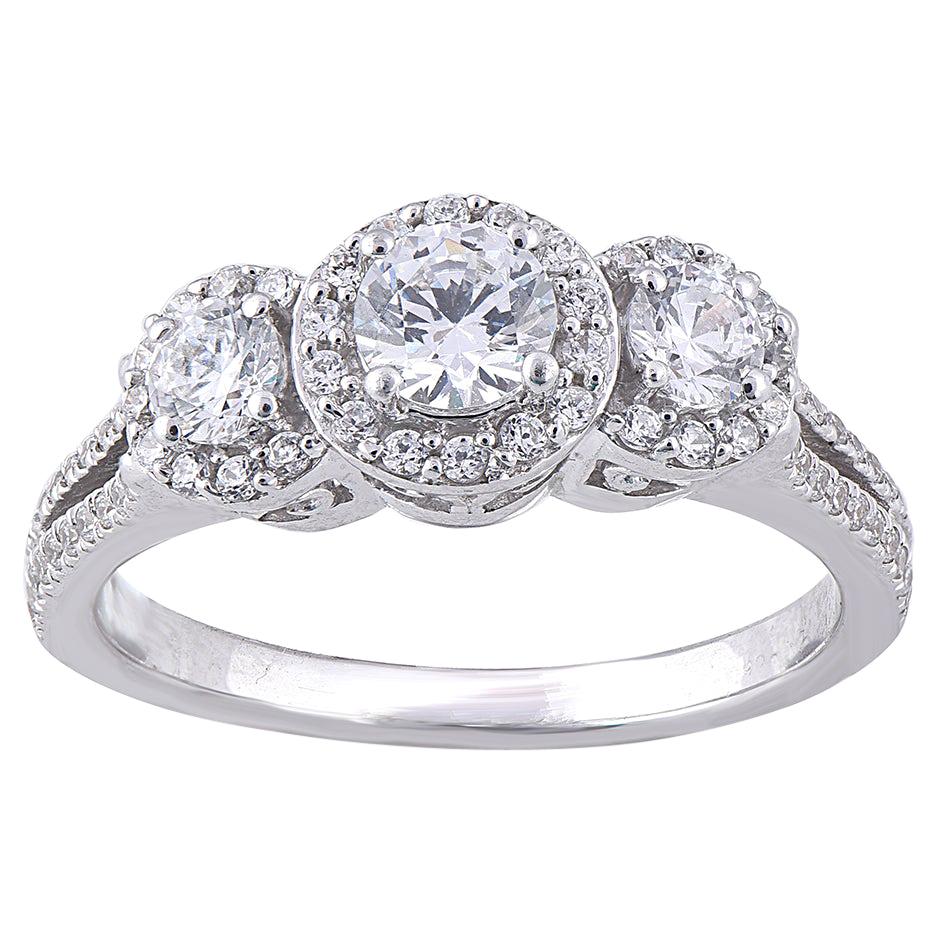 TJD 1.00 Carat 3 Stone Dimaond 18 Karat White Gold Halo Engagement Bridal Ring For Sale