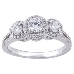 TJD 1.00 Carat 3 Stone Dimaond 18 Karat White Gold Halo Engagement Bridal Ring