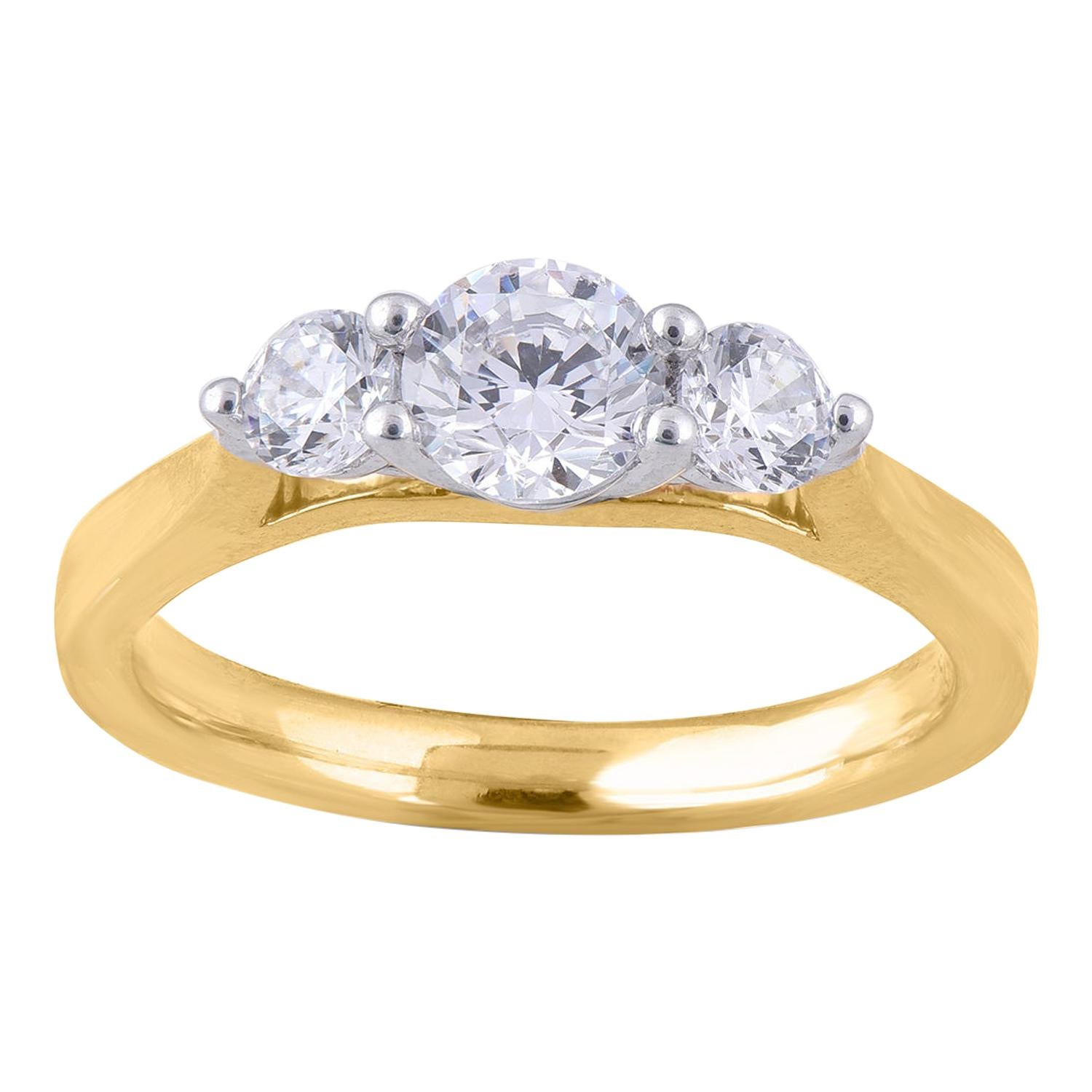 TJD 1.00 Carat 3 Stone Round Diamond 18 Karat Yellow Gold Engagement Ring