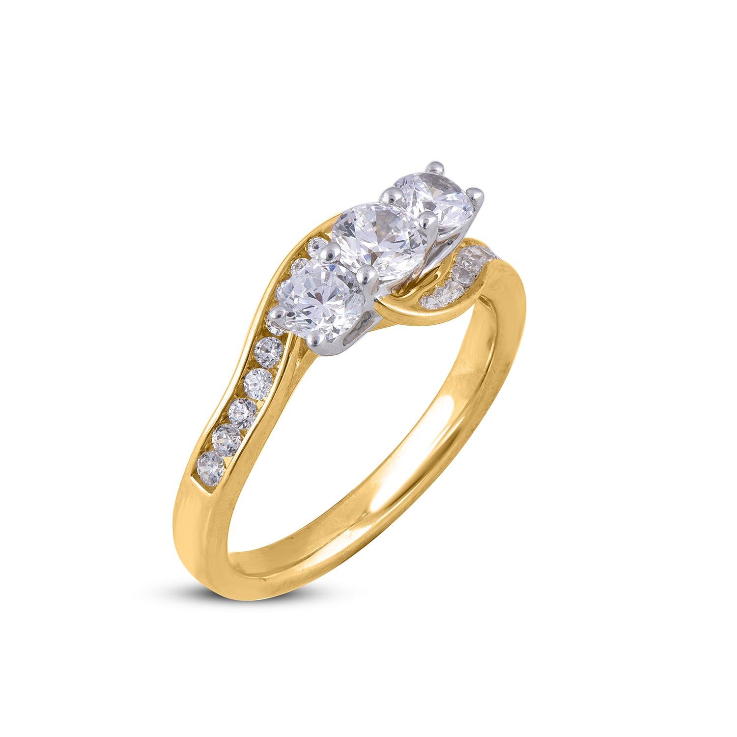 Ask for her hand with this exquisite diamond engagement ring crafted in 18 Karat Yellow gold, this modern design features a trio of shimmering Round diamonds. Additional diamonds line the contemporary twist shank, 21 round diamond set in prong and