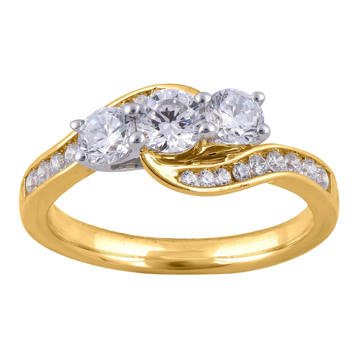 TJD 1.00 Carat 3 Stone Round Diamond 18 Karat Yellow Gold Fashion Ring For Sale