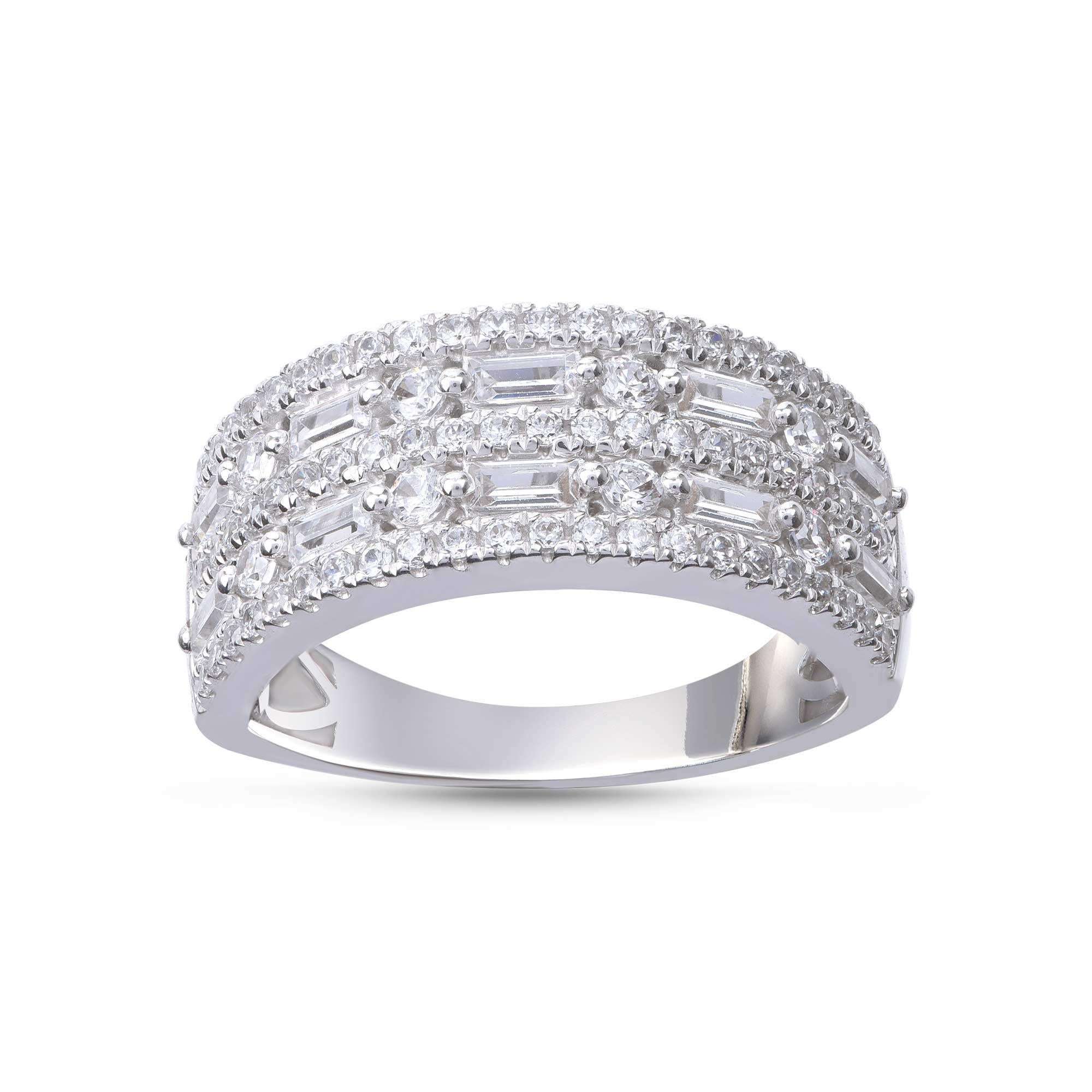 Made by our specialized artisans in 18-karat white gold and accentuated with 74 brilliant and 10 baguette diamonds in prong and micro-prong setting. The diamonds are graded H-I Color, I2 Clarity. 

Metal color and ring size can be customized on