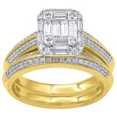 TJD 1 Karat Runder und Baguette-Diamant 14 Karat Gelbgold Stapelbar Braut Set