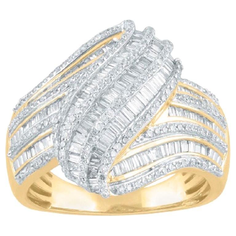 TJD 1Carat Round and Baguette Diamond 14 Karat Yellow Gold Cross-over ...
