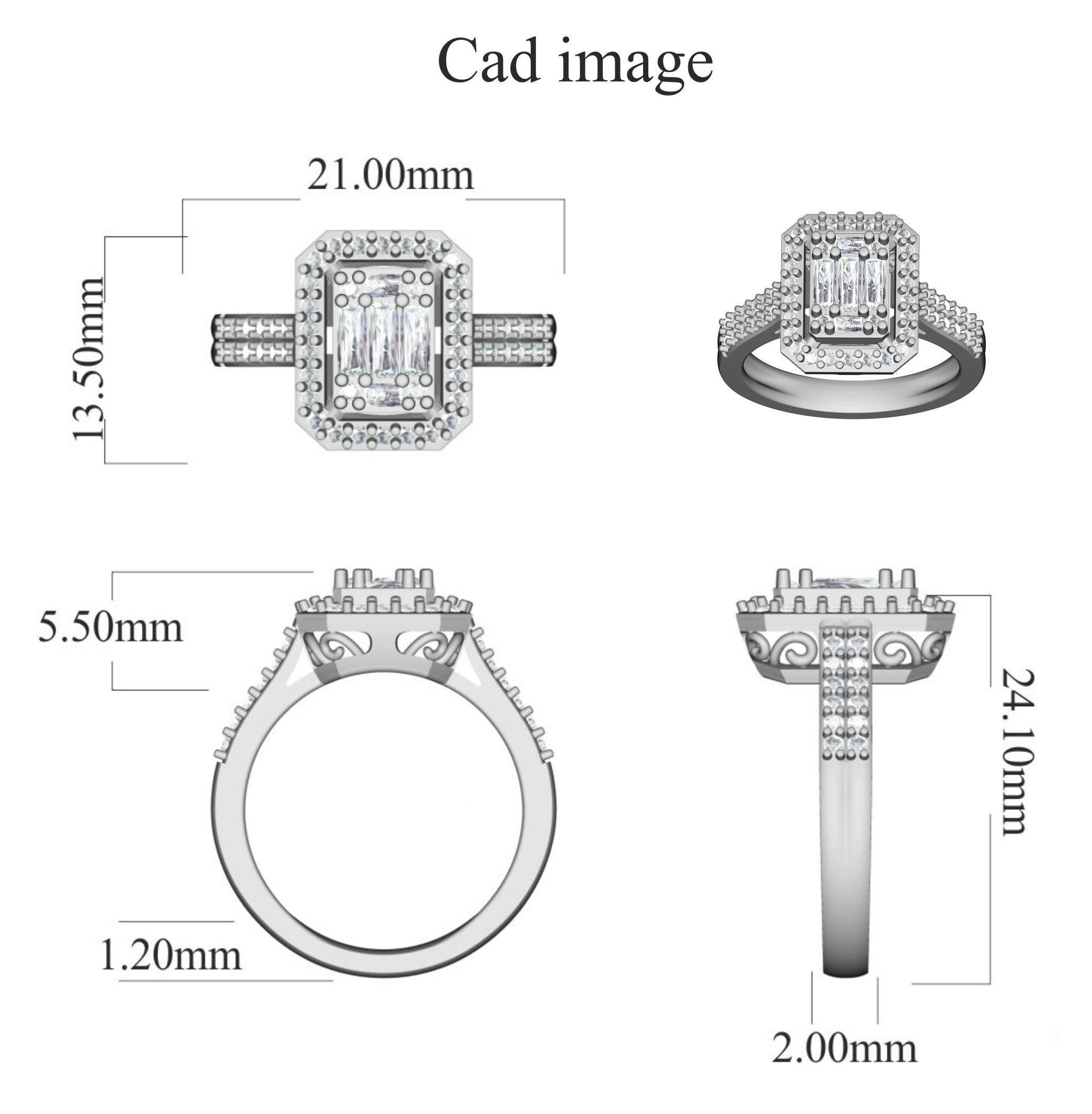 Show her what she meant to you with this round diamond frame cluster design bridal ring. The ring is crafted from 14-karat white gold and features 54 Round and 5 Baguette cut white diamonds, with Prong set, H-I color I2 clarity and a high polish