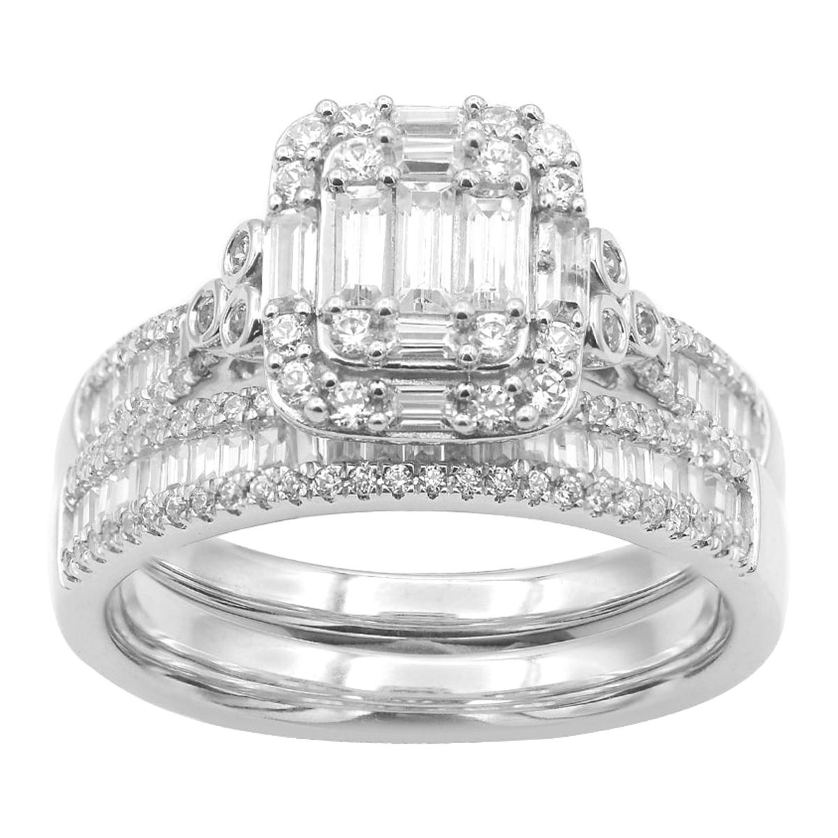 TJD 1.00 Carat Round & Baguette Diamond 14K White Gold Stackable Bridal Set Ring For Sale