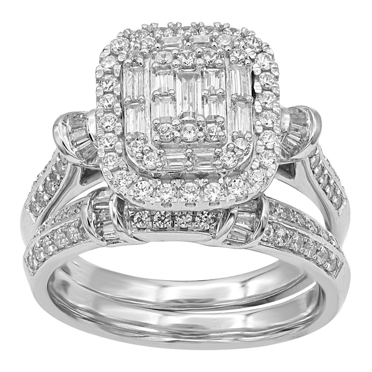 TJD 1Carat Round & Bauette Diamond 14 Karat White Gold Designer Bridal Ring Set For Sale