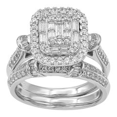 Used TJD 1Carat Round & Bauette Diamond 14 Karat White Gold Designer Bridal Ring Set