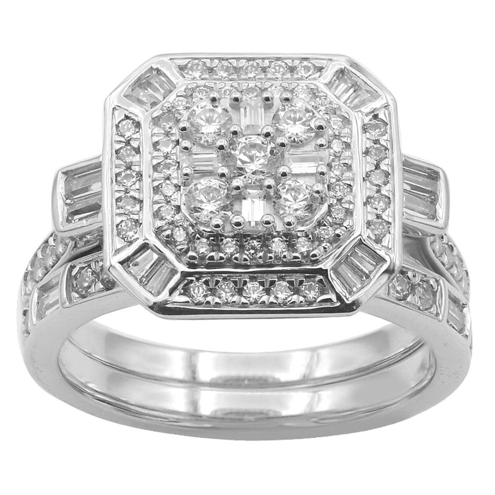 TJD 1.00 Carat Round & Baguette Diamond 14K White Gold Square Shaped Bridal Set