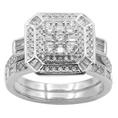 Used TJD 1.00 Carat Round & Baguette Diamond 14K White Gold Square Shaped Bridal Set