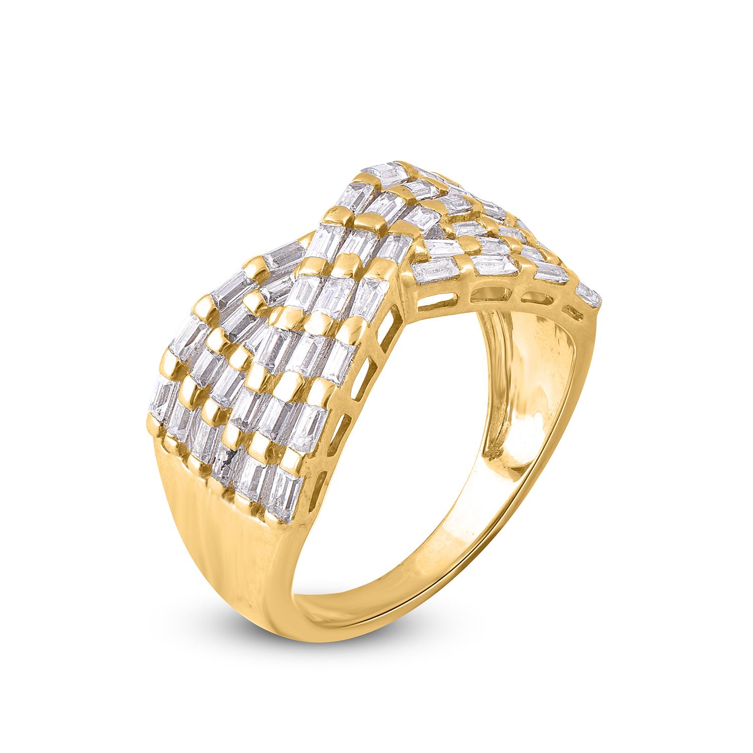 Expertly Crafted of sparkling 14 Karat Yellow Gold with 1.00 carat diamond crisscross ring in high polish finish and set with 49 baguette cut diamond set in channel setting, We only use 100% natural and conflict free diamonds which sparkles in H-I
