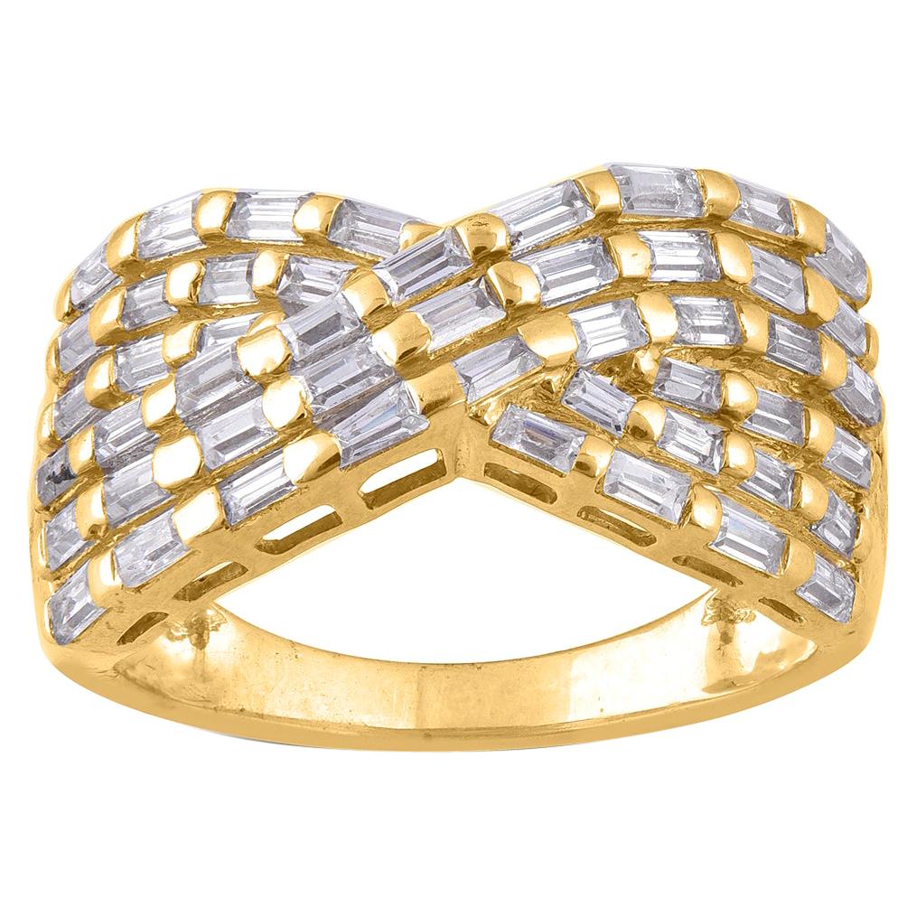 TJD 1.00 Carat Baguette Diamond 14 Karat Yellow Gold Layered Criss Cross Ring For Sale