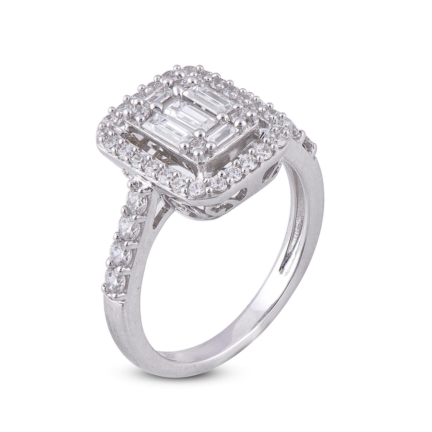 This diamond engagement ring is made in 14 karat White gold and studded beautifully with 38 round diamond and 5 Baguette cut diamond set in prong setting, diamonds are graded H-I Color, I2 Clarity.
