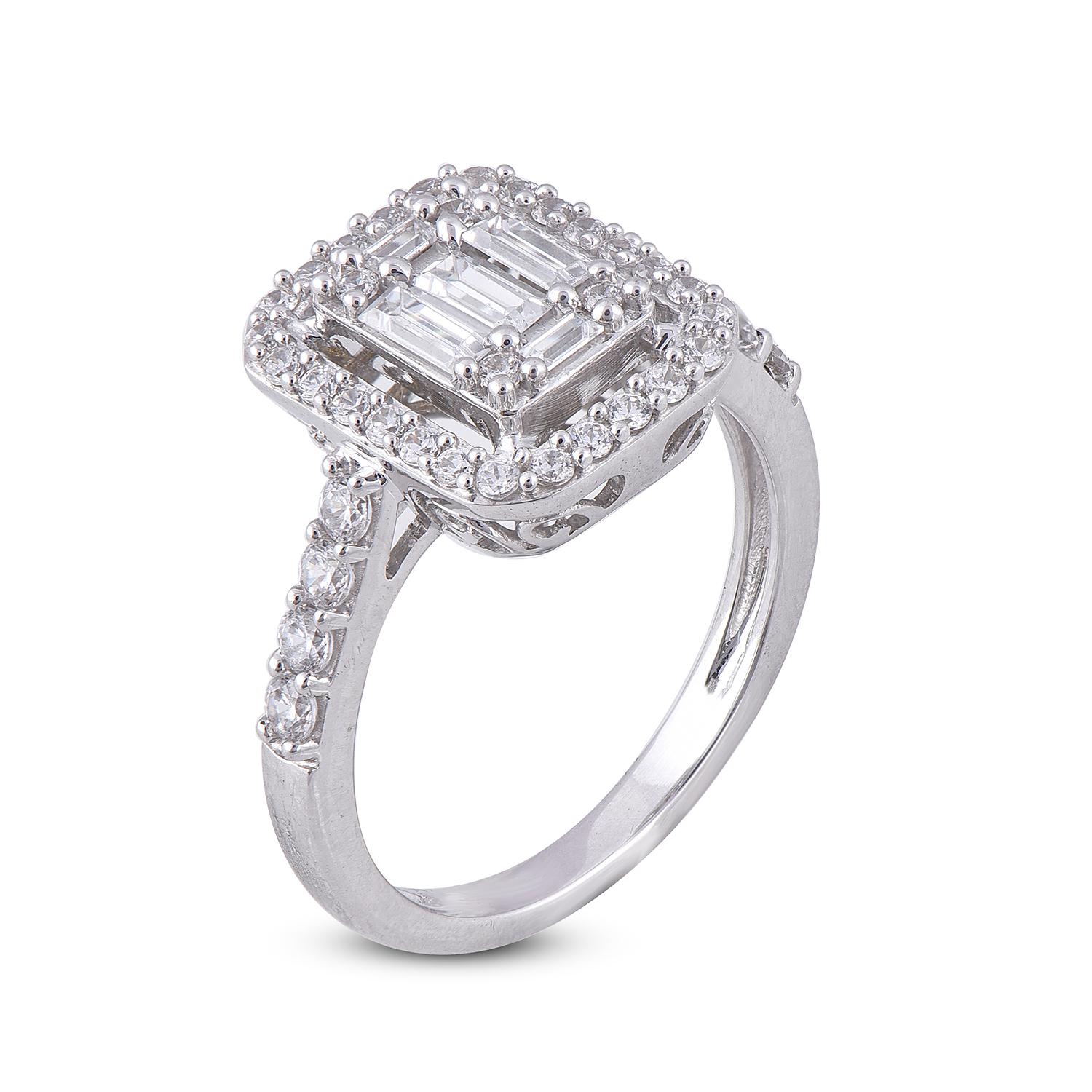 This diamond engagement ring is made in 14 karat White gold and studded beautifully with 38 round diamond and 5 Baguette cut diamond set in prong setting, diamonds are graded H-I Color, I2 Clarity.