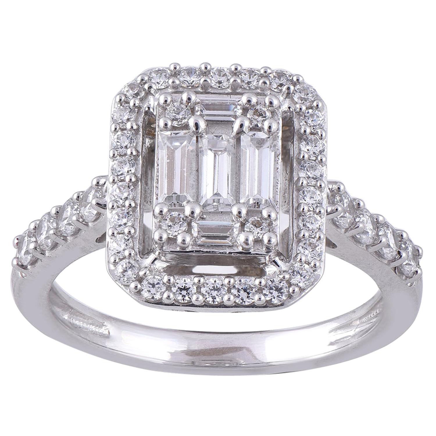 TJD 1.00 Carat Baguette/Round 14 Karat White Gold Classic Rectangle Ring For Sale