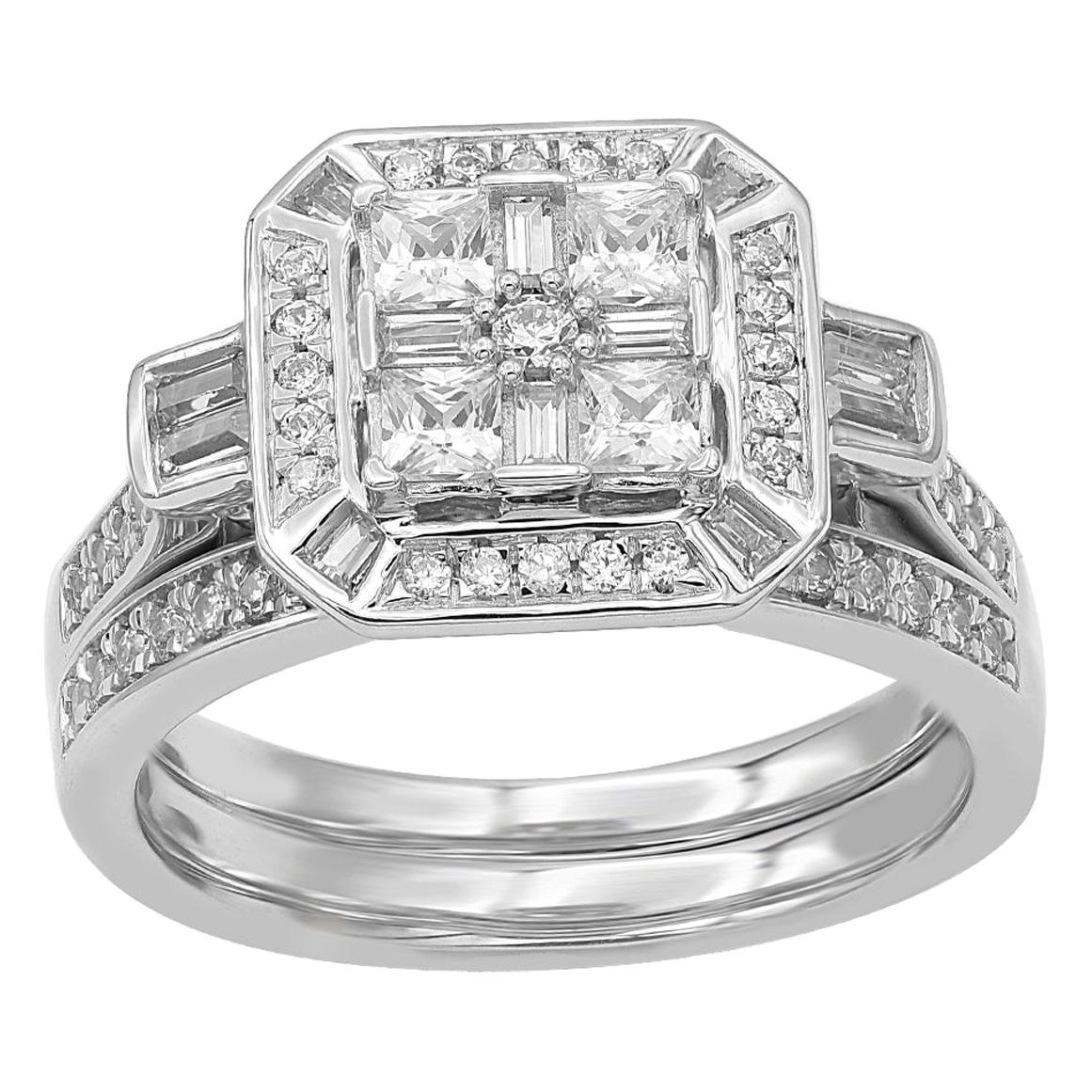 TJD 1.00 Carat Round and Baguette Diamond 14 Karat White Gold Bridal Set Ring