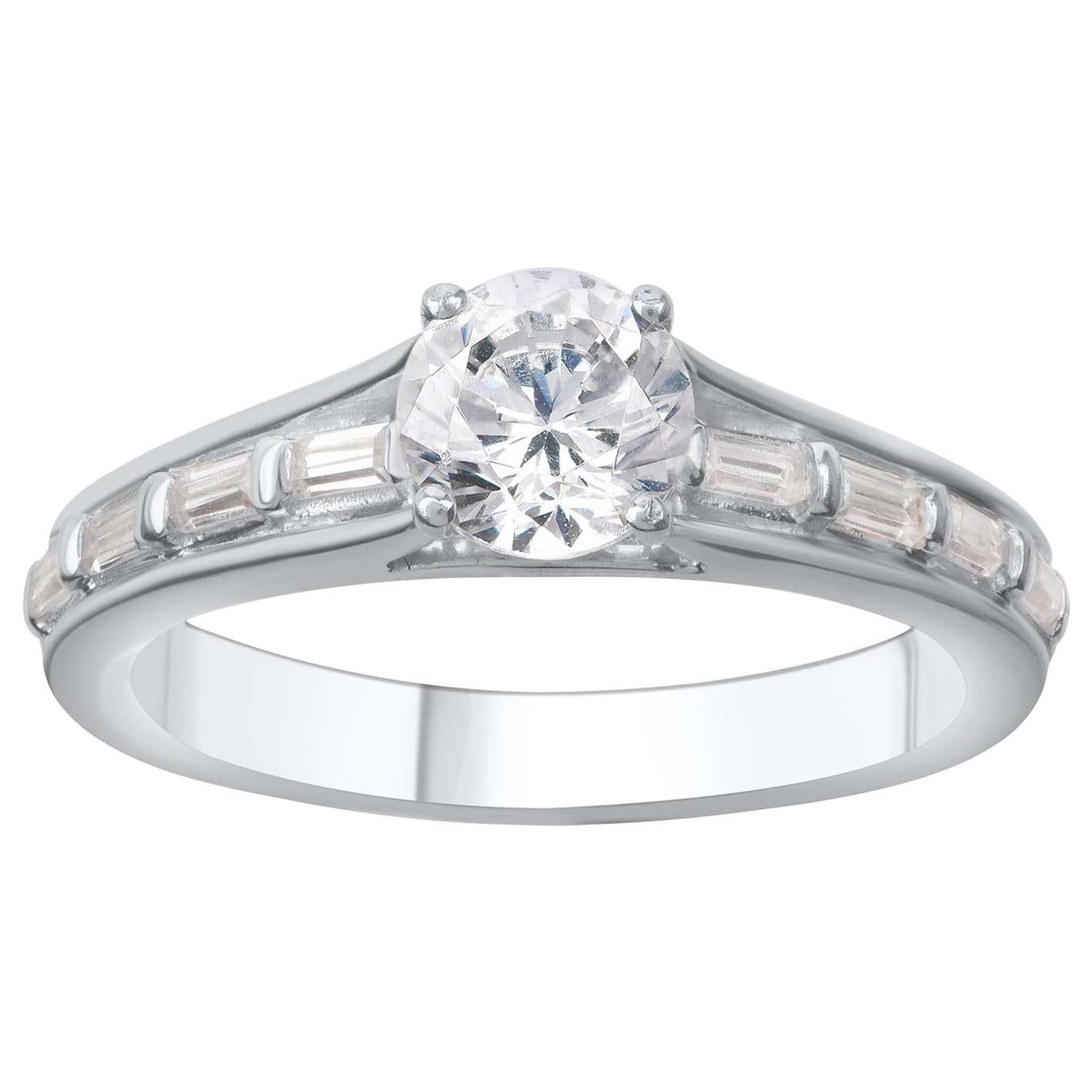 TJD 1 Carat Round and Baguette Diamond 18 K White Gold Classic Engagement Ring For Sale