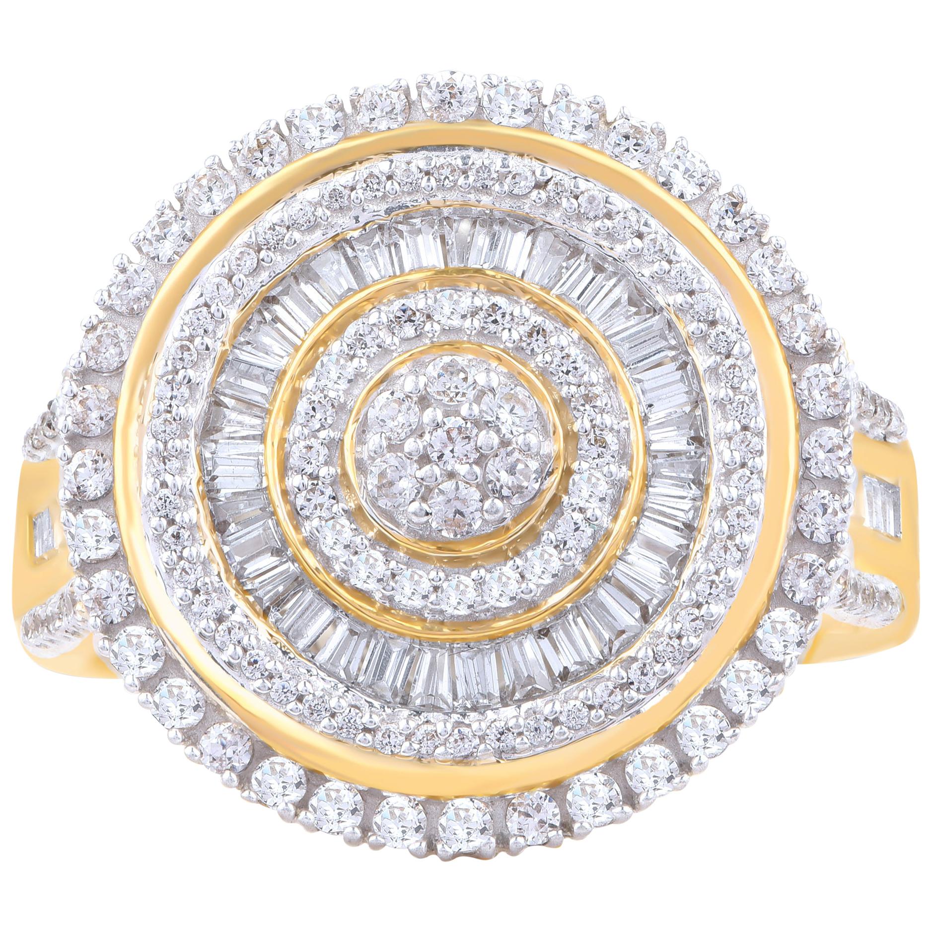 TJD 1.00 CTW Round and Baguette Diamond 18K Yellow Gold Classic Shining Sun Ring For Sale