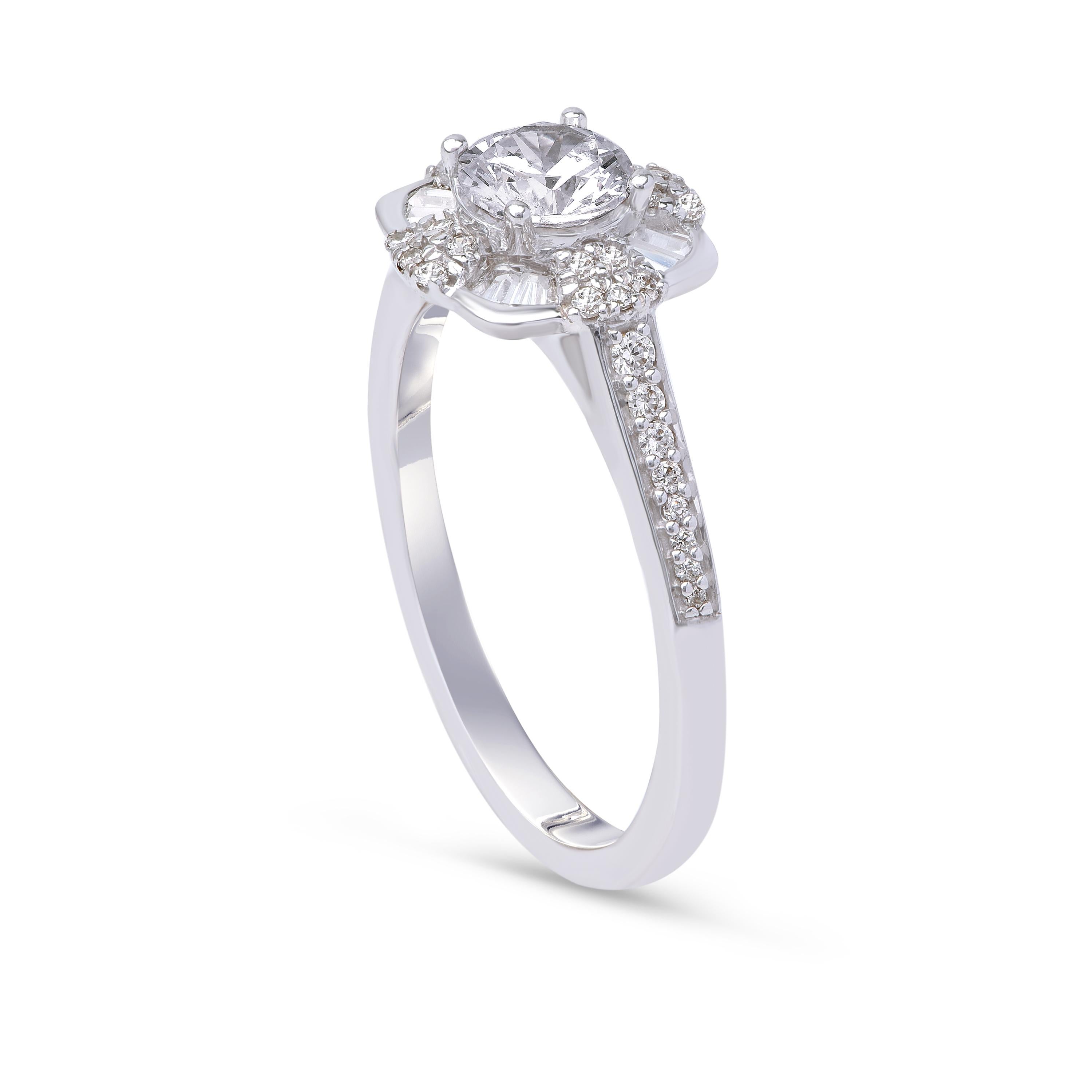 Dazzles with 37 brilliant and 12 baguette cut diamonds elegantly set in micro-prong, pave, prong and channel setting - crafted in 18 KT white gold. Diamonds are graded H-I Color, I1 Clarity.

Metal color and ring size can be customized on request.