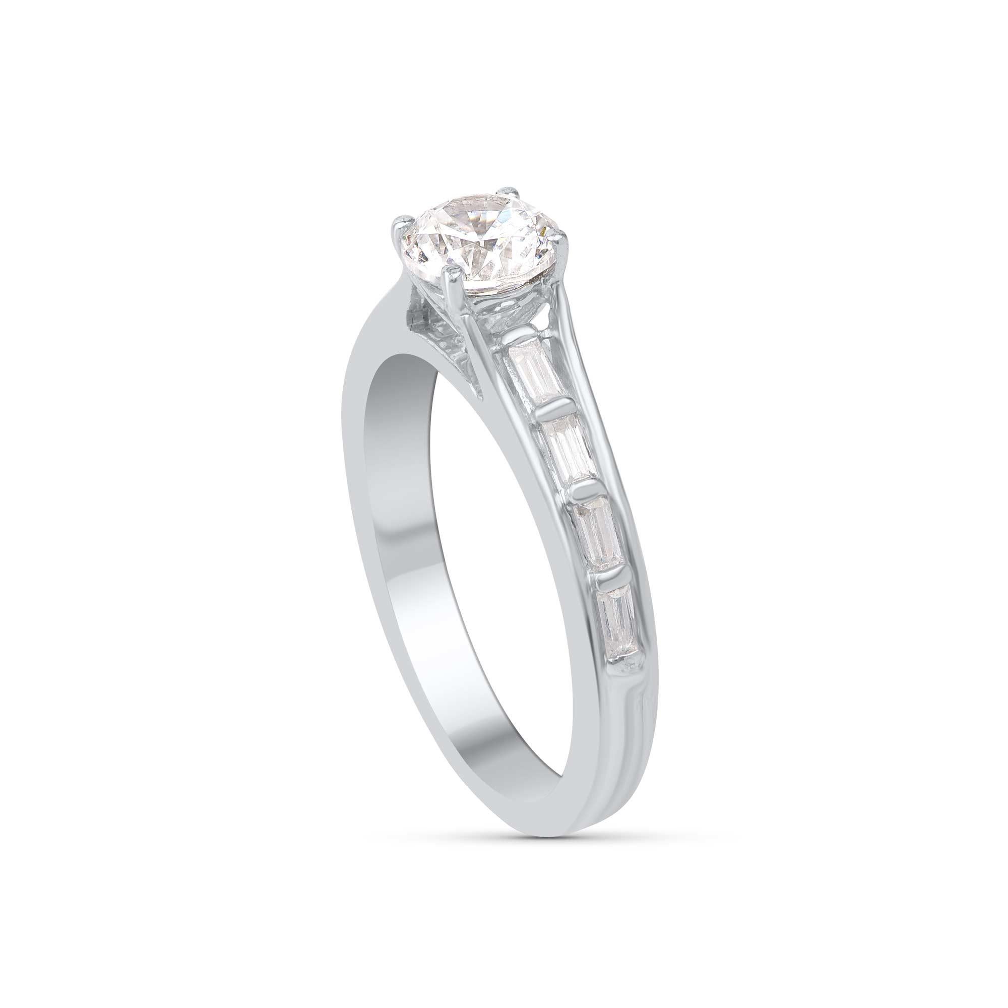 One brilliant-cut and eight baguette diamonds embedded beautifully in prong, channel setting, and handcrafted by our in-house experts in 18 KT white gold. Diamonds are graded H Color, I1 Clarity. 

Metal color and ring size can be customized on