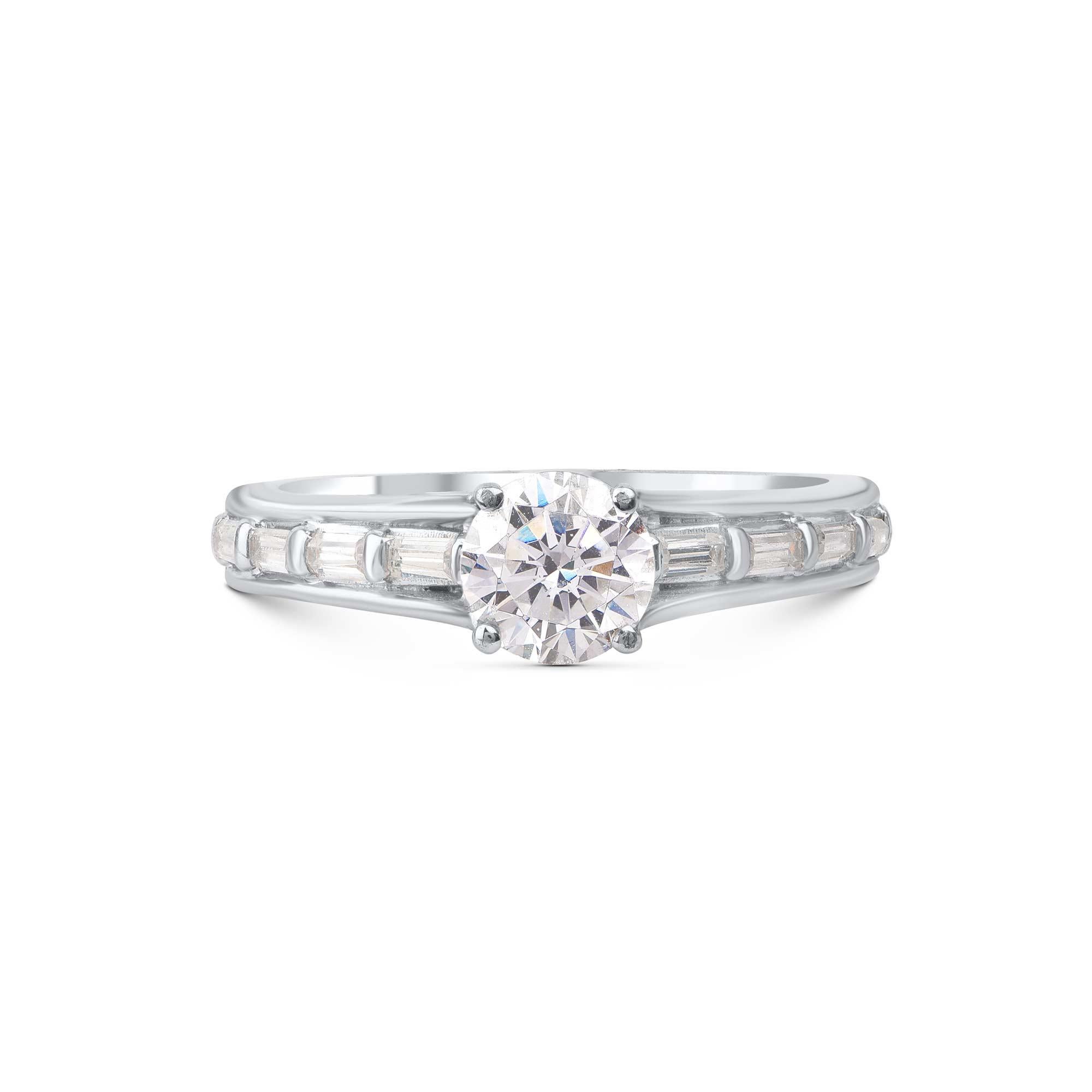 Modern TJD 1 Carat Round and Baguette Diamond 18 K White Gold Classic Engagement Ring For Sale