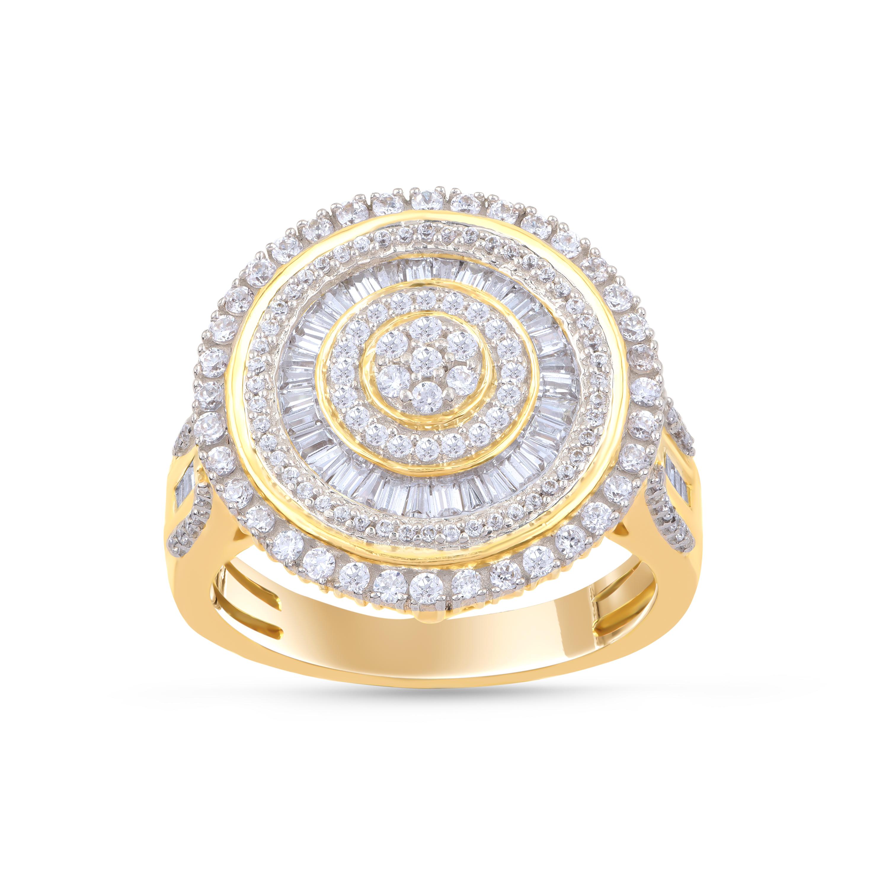 This diamond engagement ring shimmers with 139 brilliant cut diamonds and 52 baguette in pave, prong and channel setting and crafted in 18 kt yellow gold. The diamonds in this ring are graded H-I Color, I2 Clarity. 

Metal color and ring size can be
