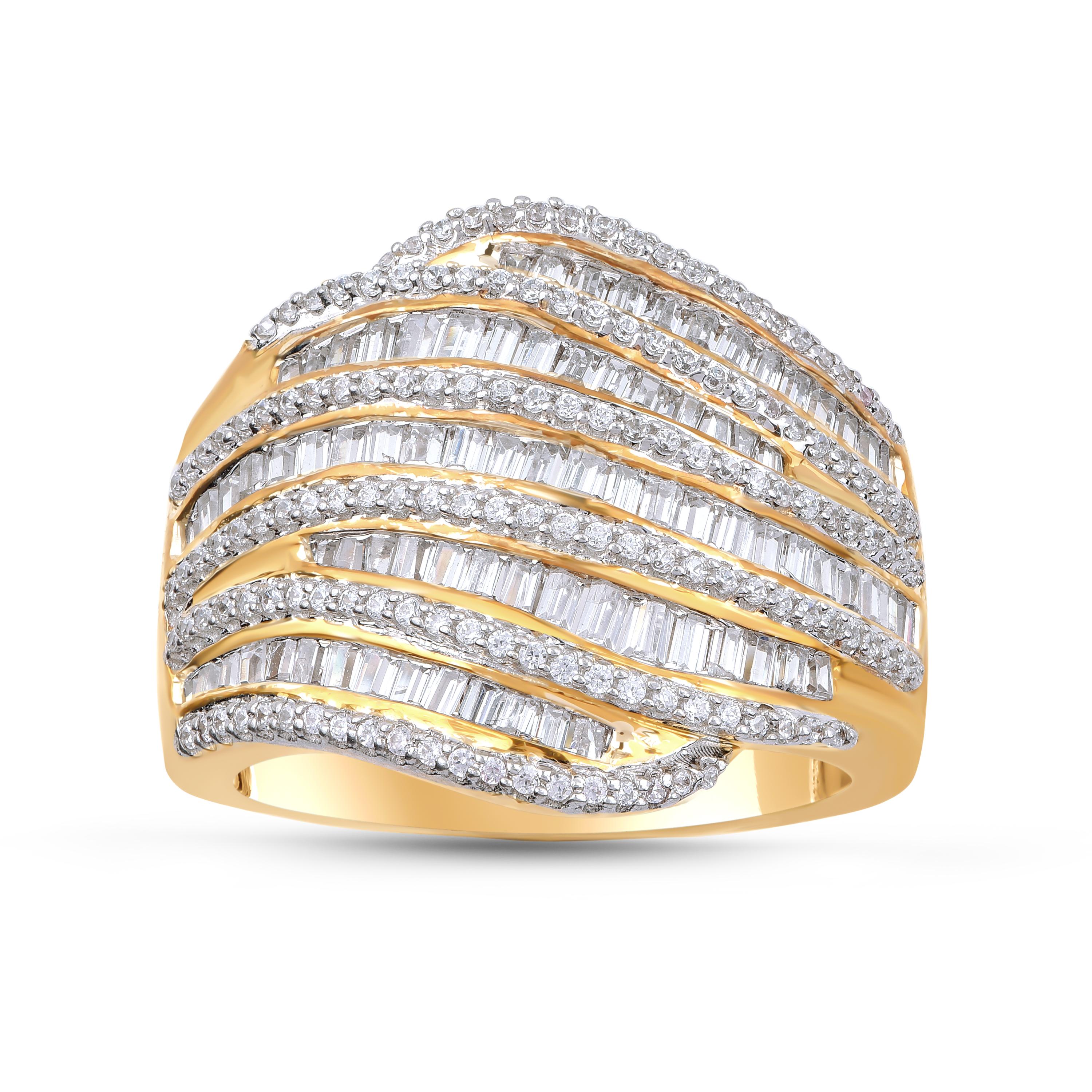 Featuring 150 brilliant and 97 baguette natural diamonds set in prong and channel setting and crafted beautifully in 18 KT Yellow Gold. Diamonds are graded H-I Color, I2 Clarity.  

Metal color and ring size can be customized on request. 

This