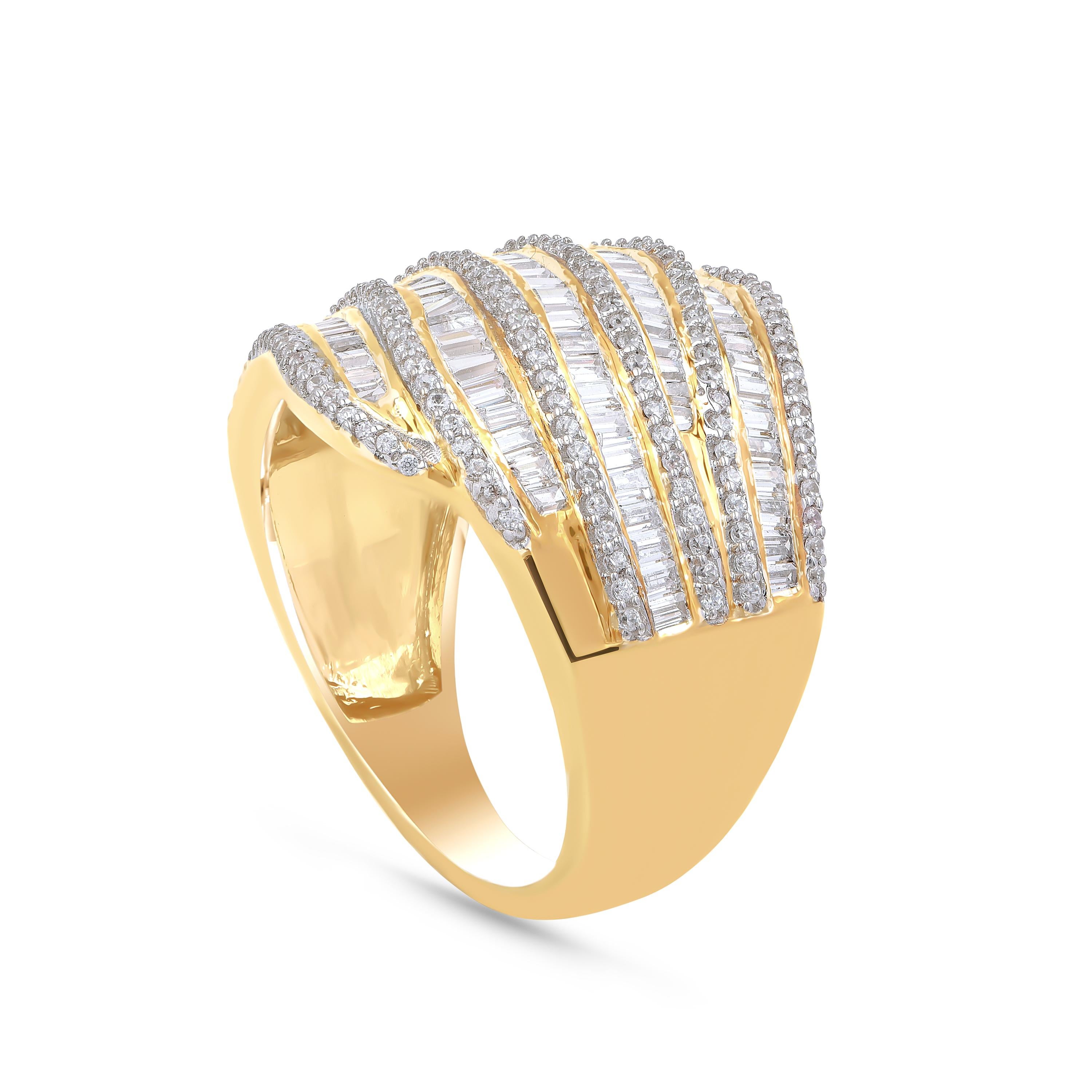 Modern TJD 1.00 Carat Round and Baguette Diamond 18 K Yellow Gold Multi Row Wave Ring For Sale