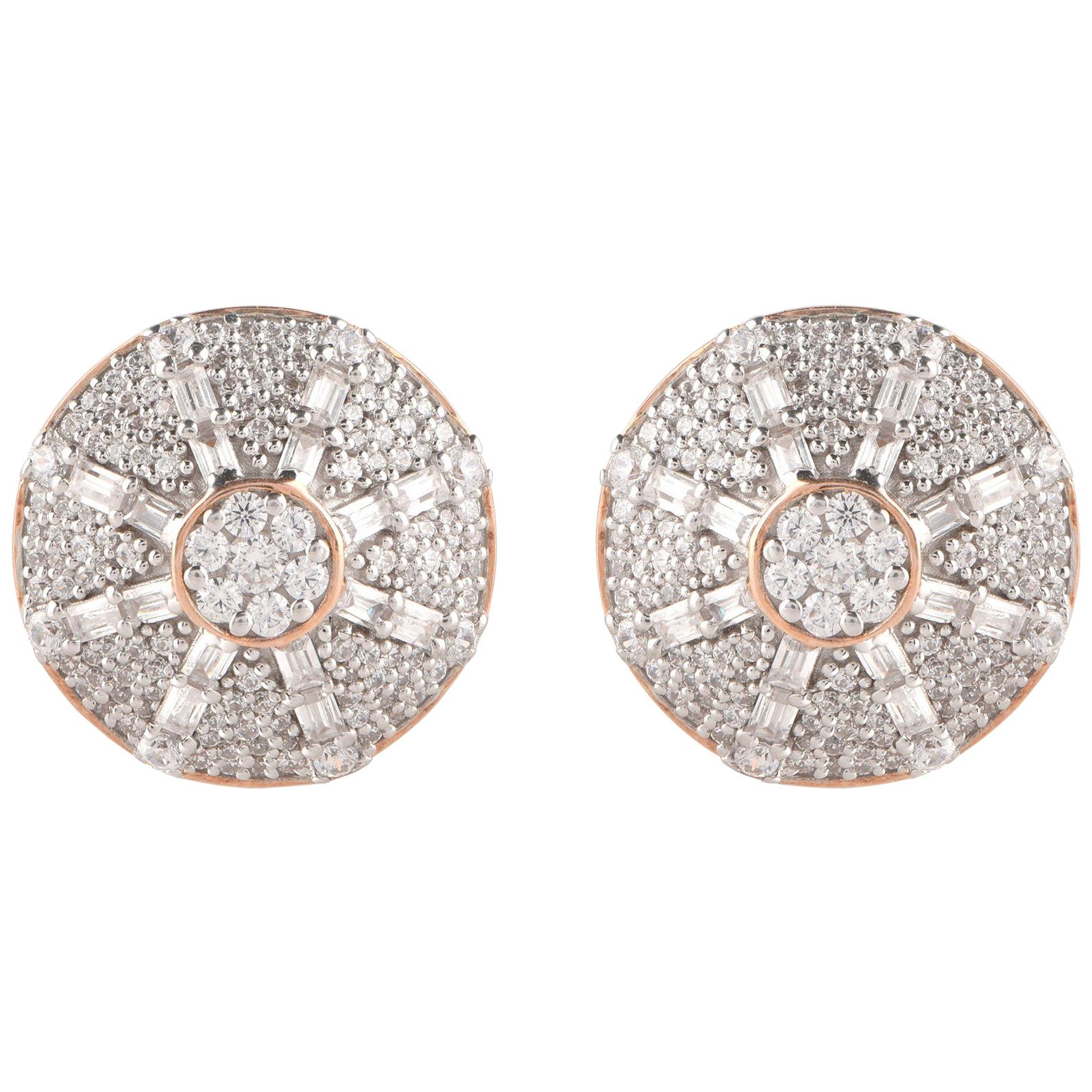 TJD 1.00 Carat Round and Baguette Diamond 18 Karat Rose Gold Wheel Earrings For Sale