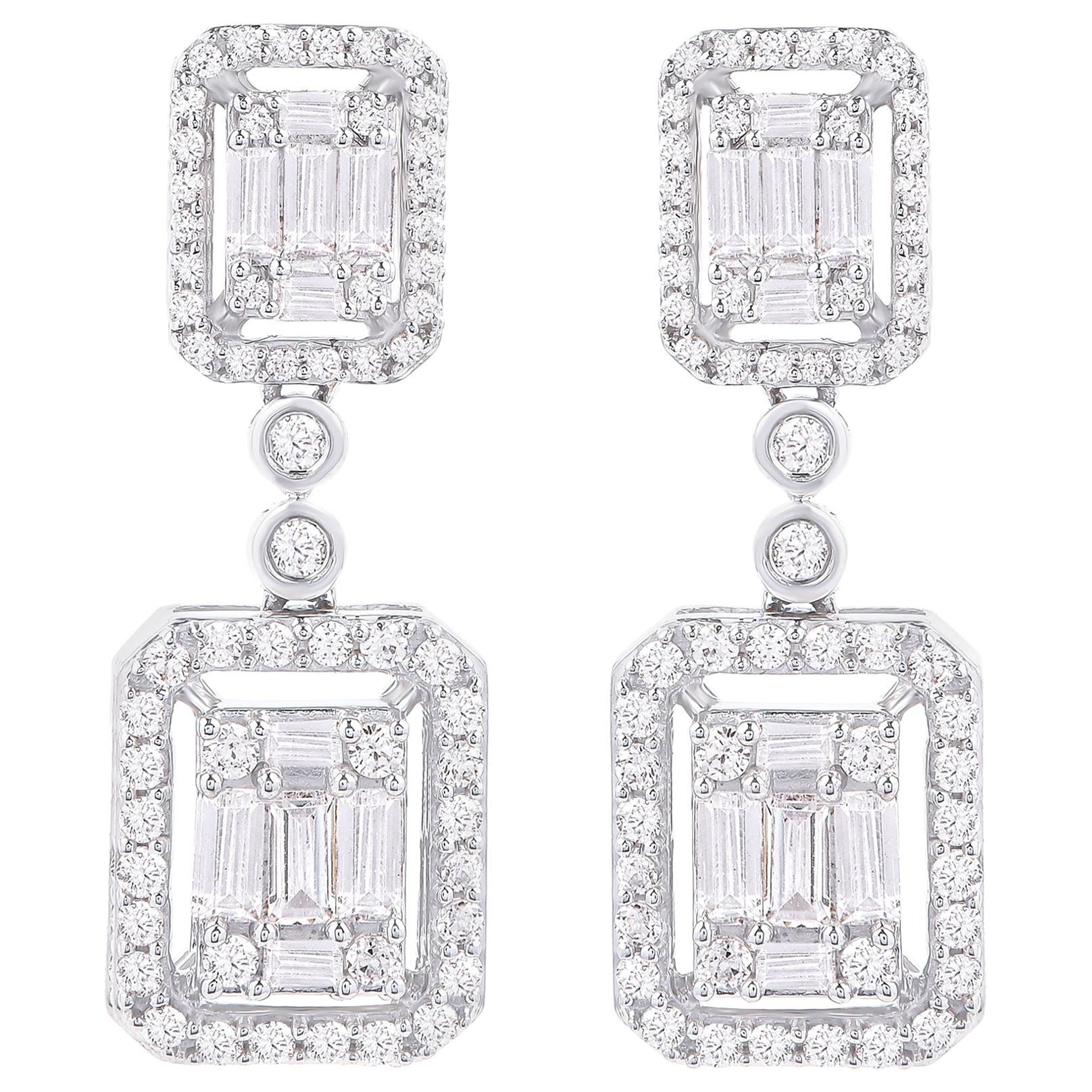 TJD 1.00 Carat Round and Baguette Diamond 18 Karat White Gold Dangle Earrings For Sale
