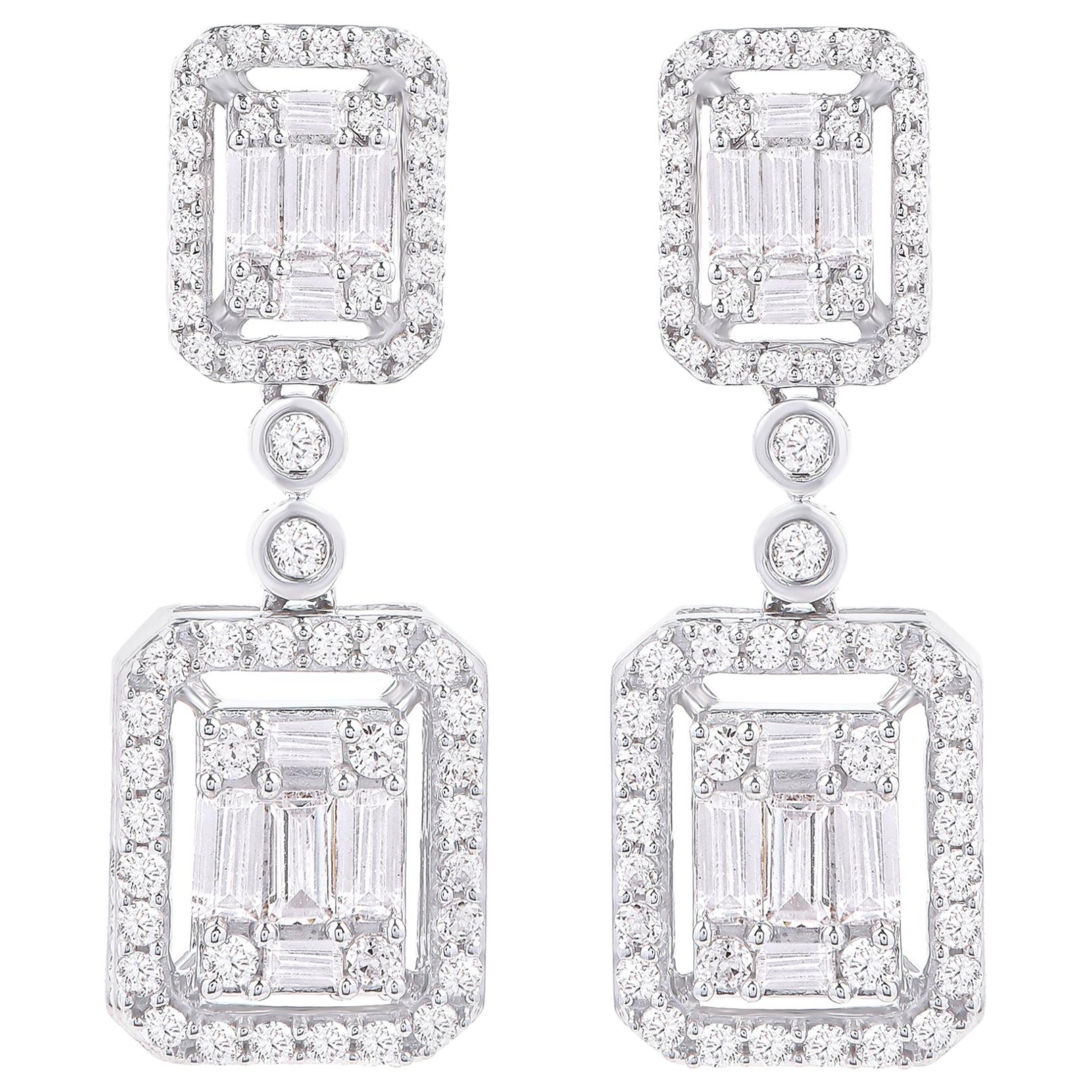 TJD 1.00 Carat Round and Baguette Diamond 18 Karat White Gold Dangle Earrings