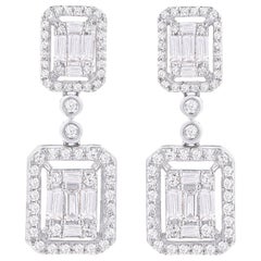 TJD 1.00 Carat Round and Baguette Diamond 18 Karat White Gold Dangle Earrings