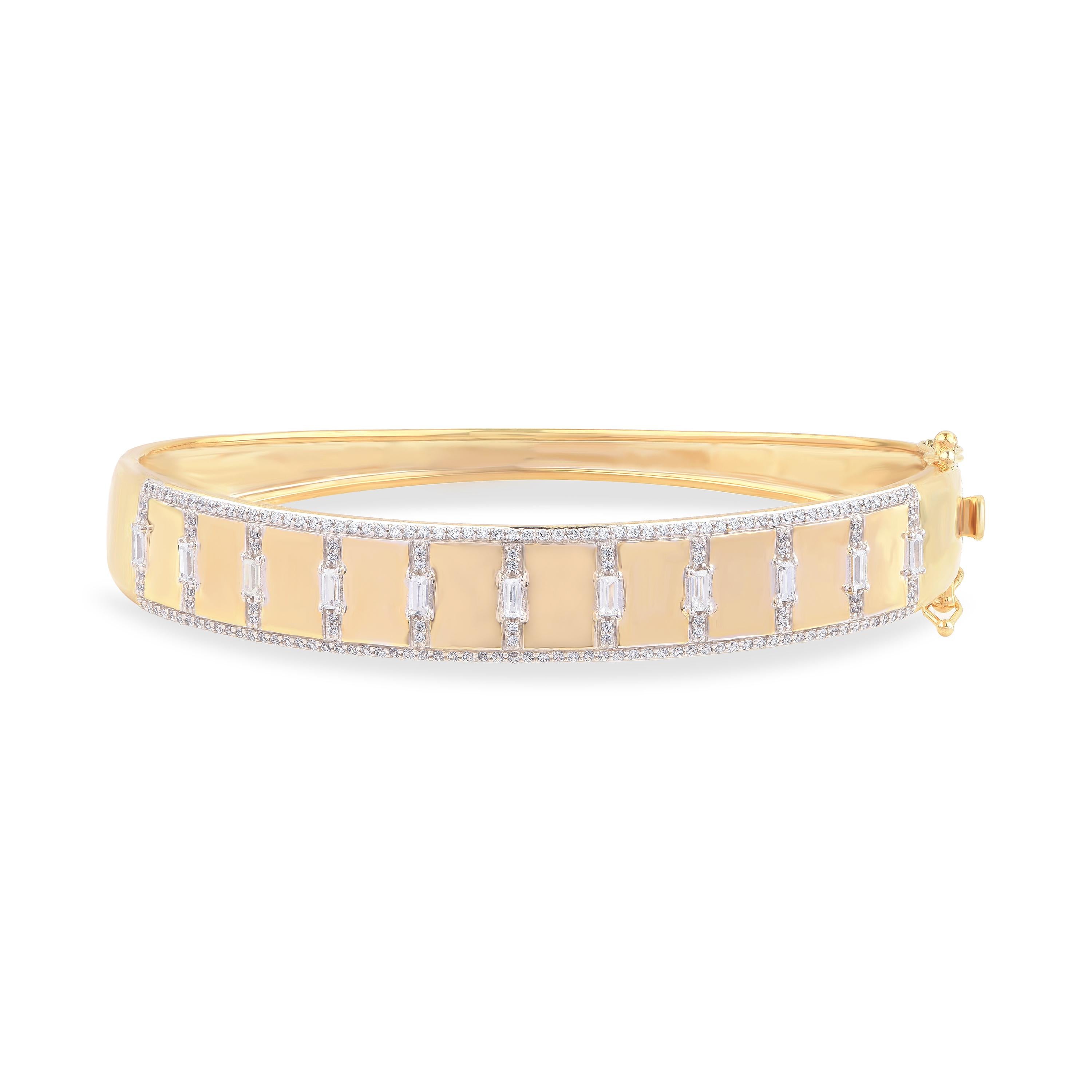 Exquisitely designed diamond bangle features 170 brilliant cut and 11 baguette shape diamonds accented in prong setting and fashioned in 18-karat yellow gold. The diamonds are graded H-I Color, I2 Clarity. 