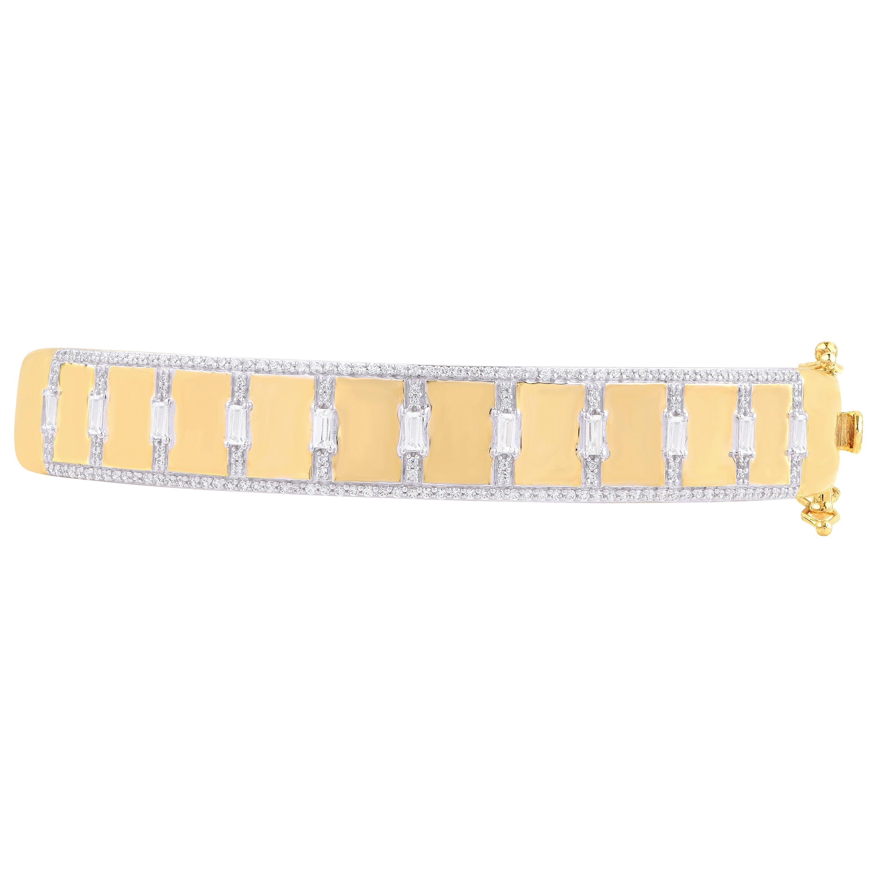 TJD Bracelet jonc à bordure articulée en or jaune 18 carats avec diamants ronds et baguettes de 1,00 carat