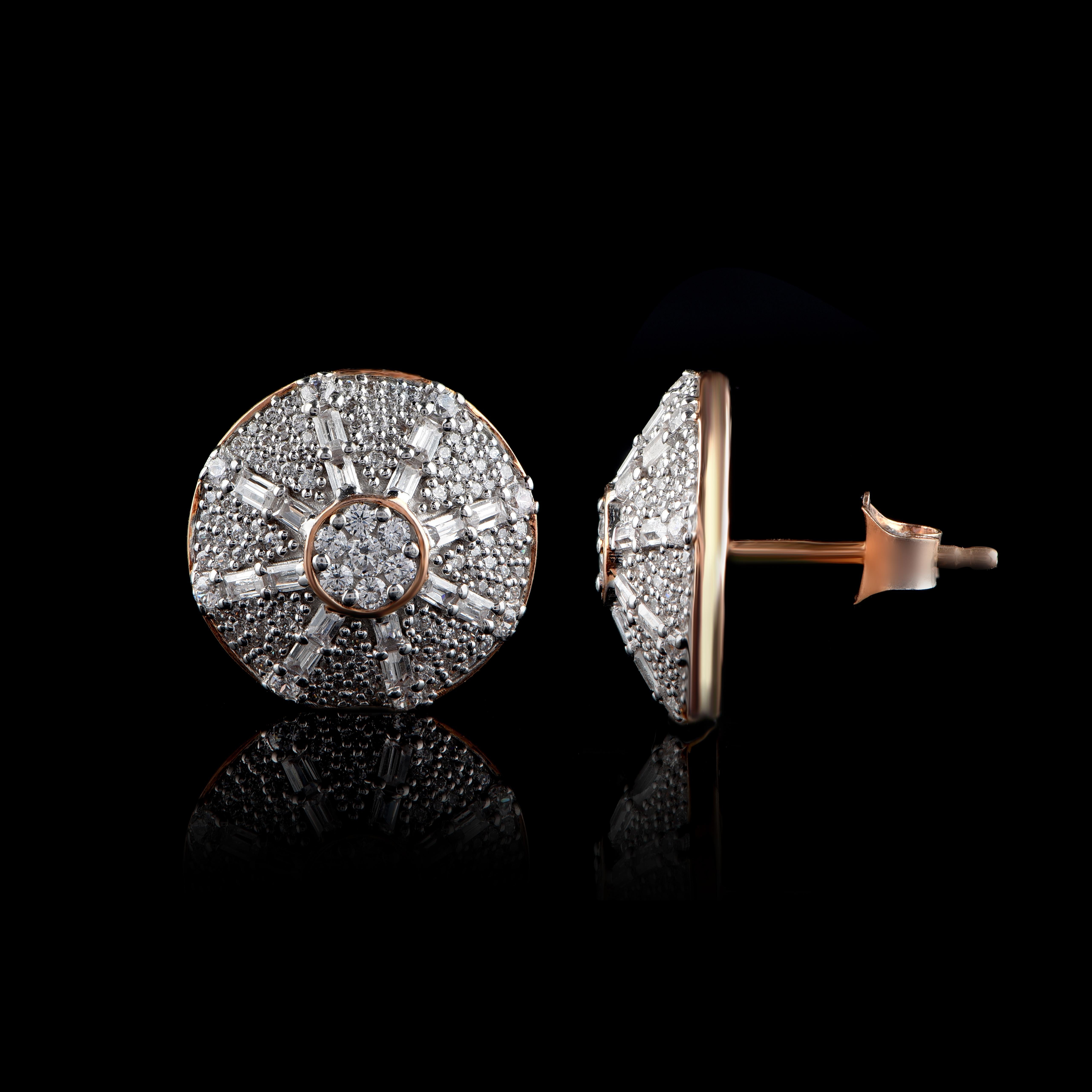 These beautiful stud earrings dazzle with 254 brilliant cut and 32 baguette-cut diamonds elegantly set in pressure, pave and prong setting. Designed and made by our expert craftsmen in 18-karat rose gold. The diamonds are graded H-I Color, I2