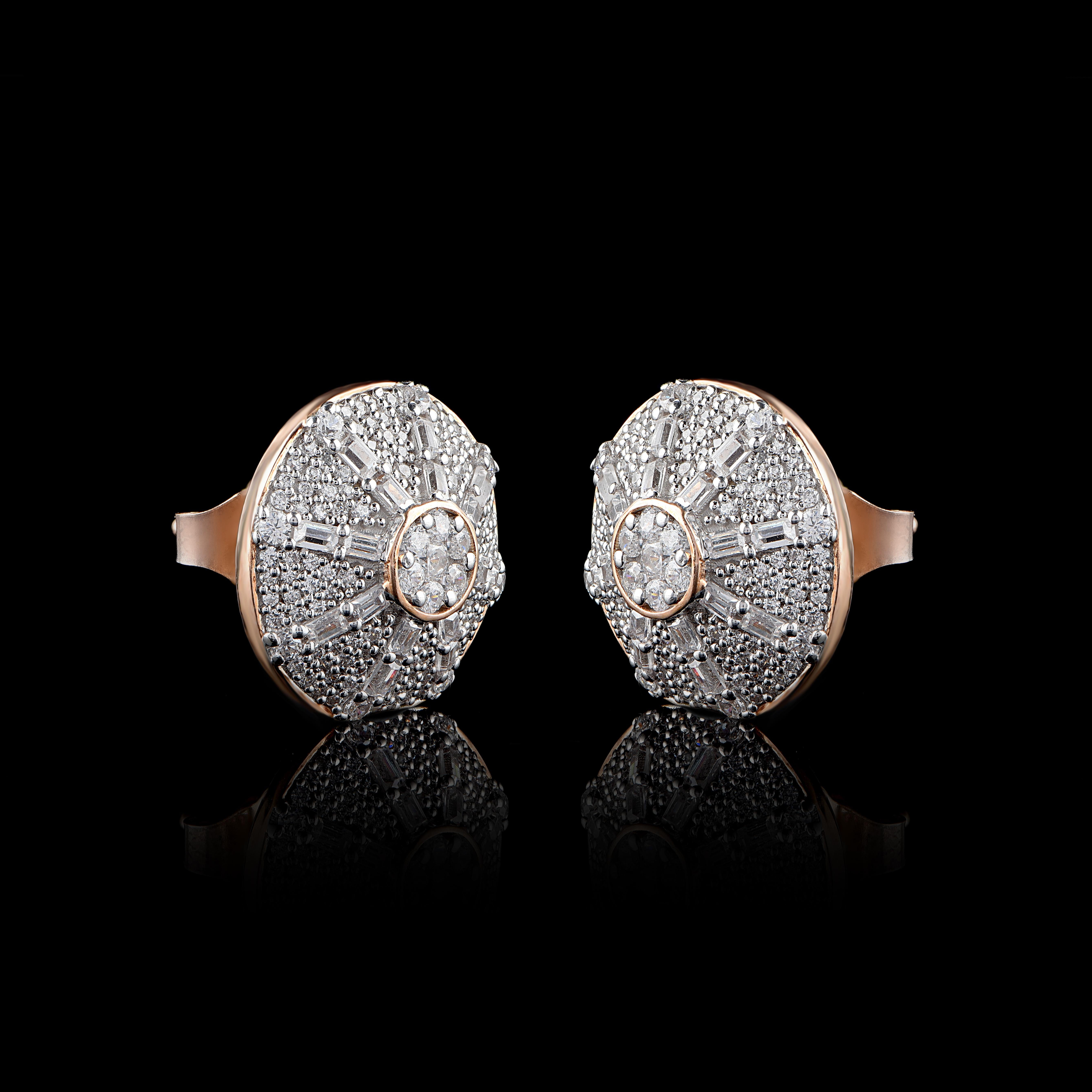 Contemporary TJD 1.00 Carat Round and Baguette Diamond 18 Karat Rose Gold Wheel Earrings For Sale