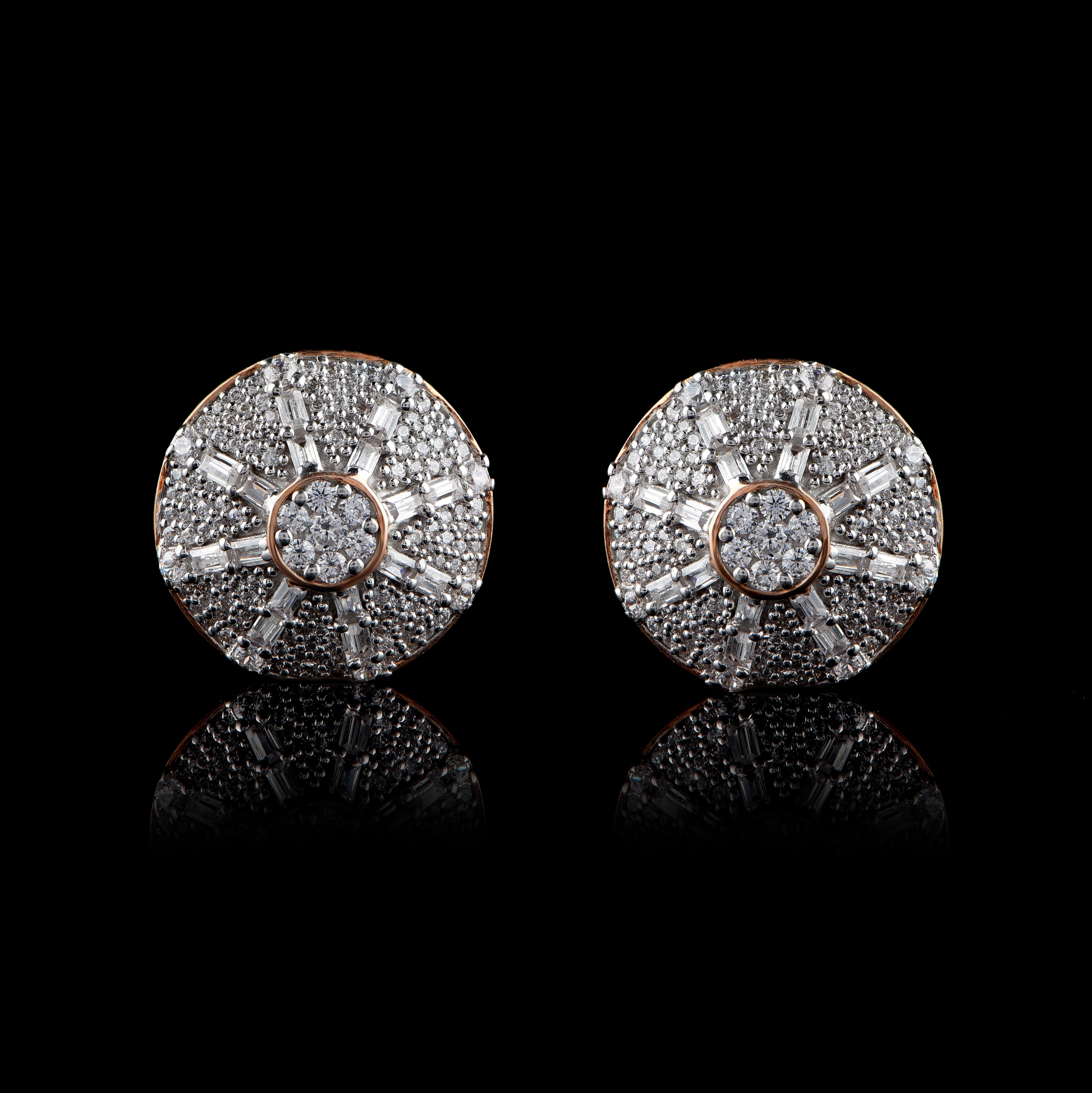 Round Cut TJD 1.00 Carat Round and Baguette Diamond 18 Karat Rose Gold Wheel Earrings For Sale