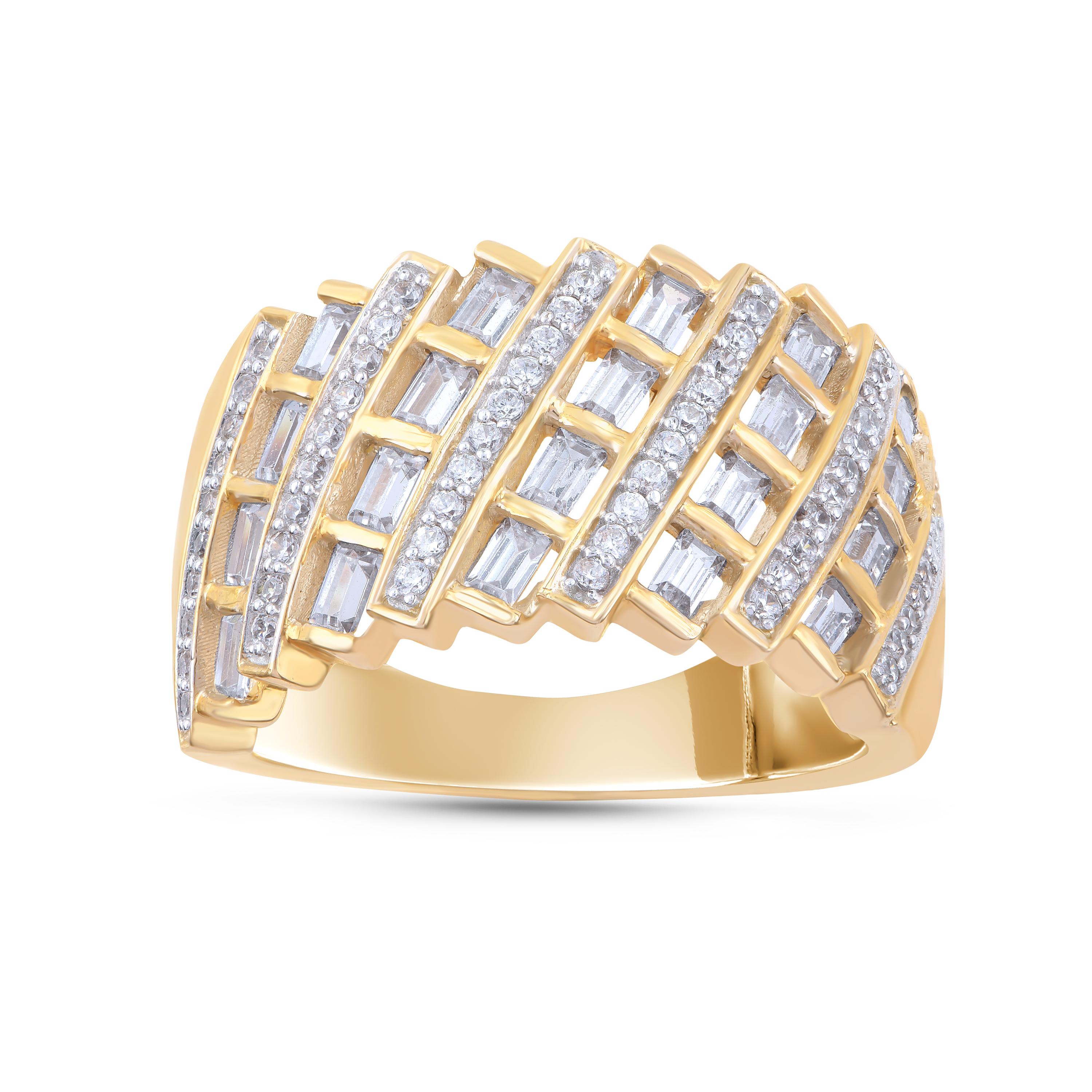 Create an impressive look with these natural brilliant and baguette diamond ring. Studded with 60 brilliant and 40 baguette diamonds in channel and pave setting and crafted beautifully in 18 kt yellow gold. Diamonds are graded H-I Color, I2 Clarity.
