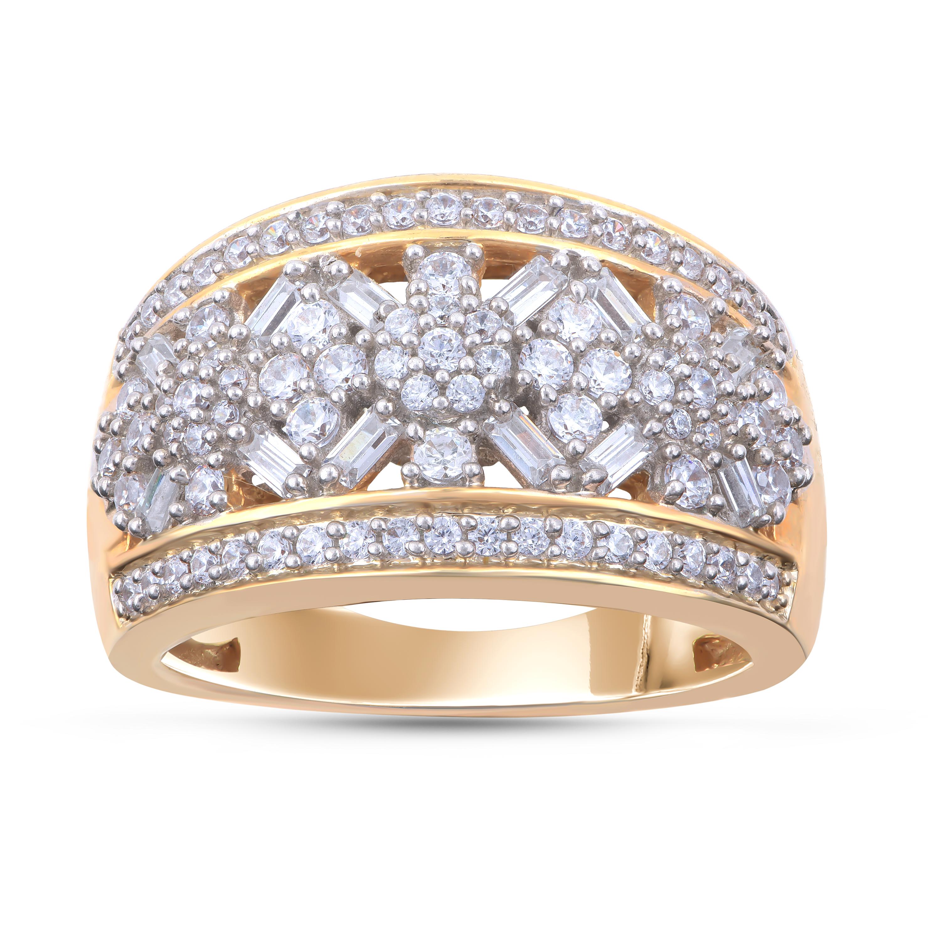 This gorgeous ring dazzles with 84 brilliant and 12 baguette shape diamonds in pave and prong setting and expertly crafted in 18-karat yellow gold. The diamonds are graded H-I Color, I2 Clarity. 

Metal color and ring size can be customized on