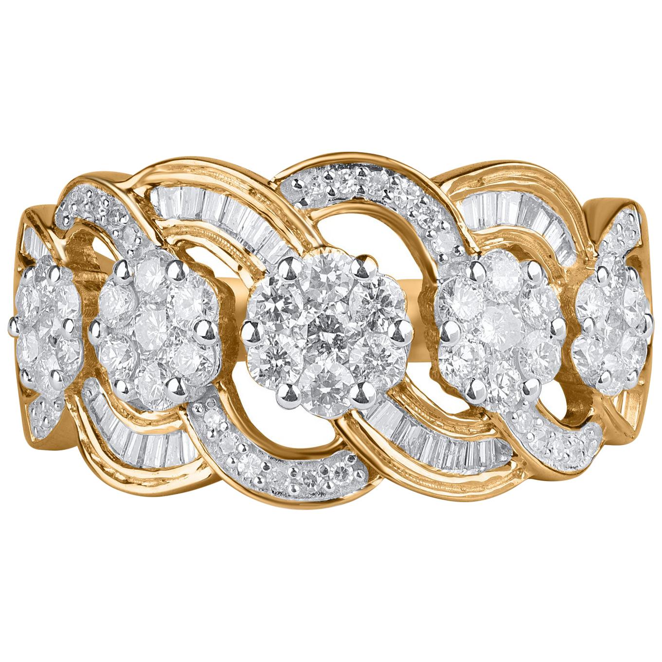 TJD 1.00 Carat Round and Baguette Diamond 10 Karat Yellow Gold Wave Wedding Ring For Sale